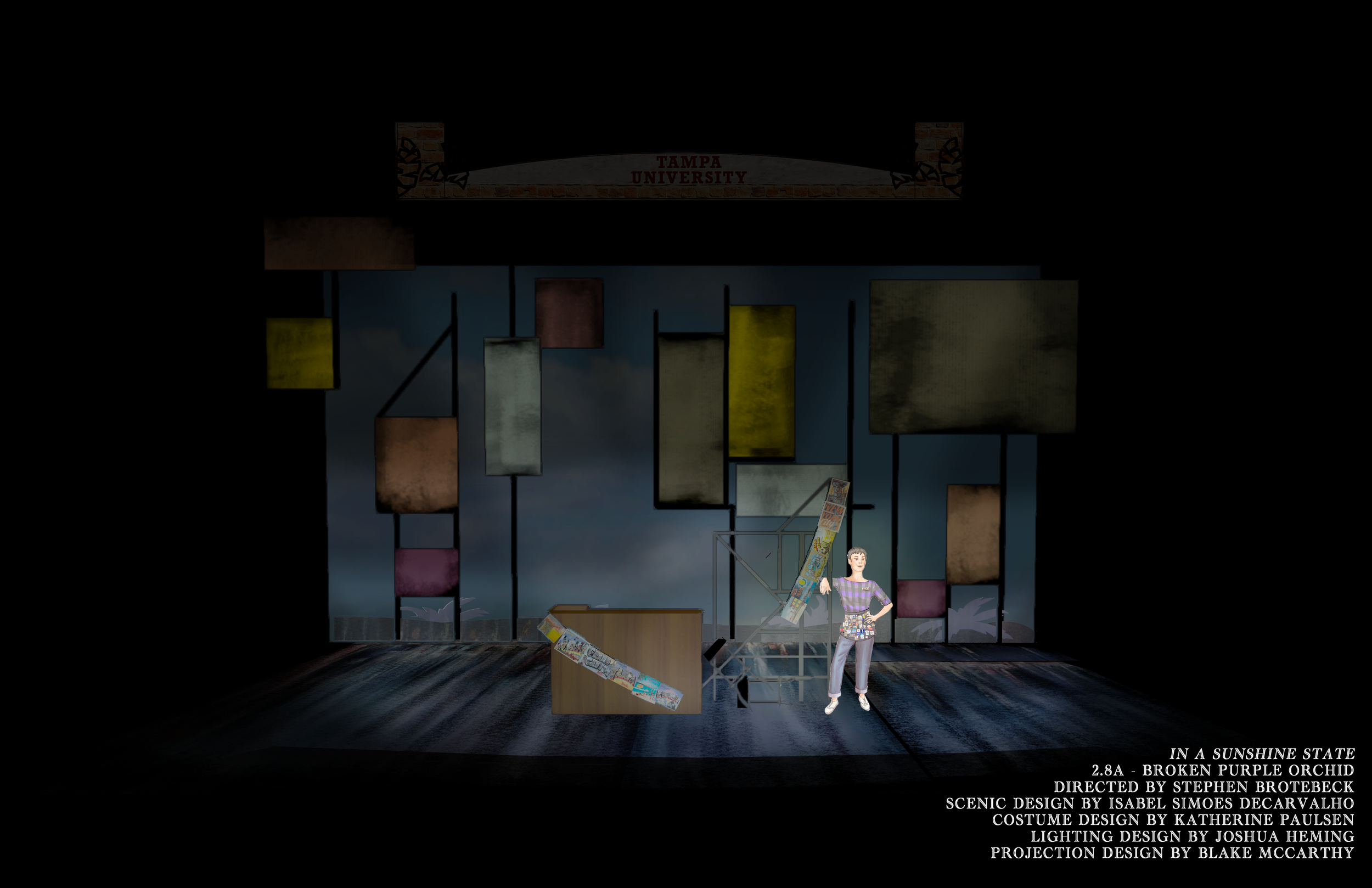 Photoshop storyboard rendering of the destroyed gay bar set for the scenic design for the world premiere musical “In a Sunshine State.”