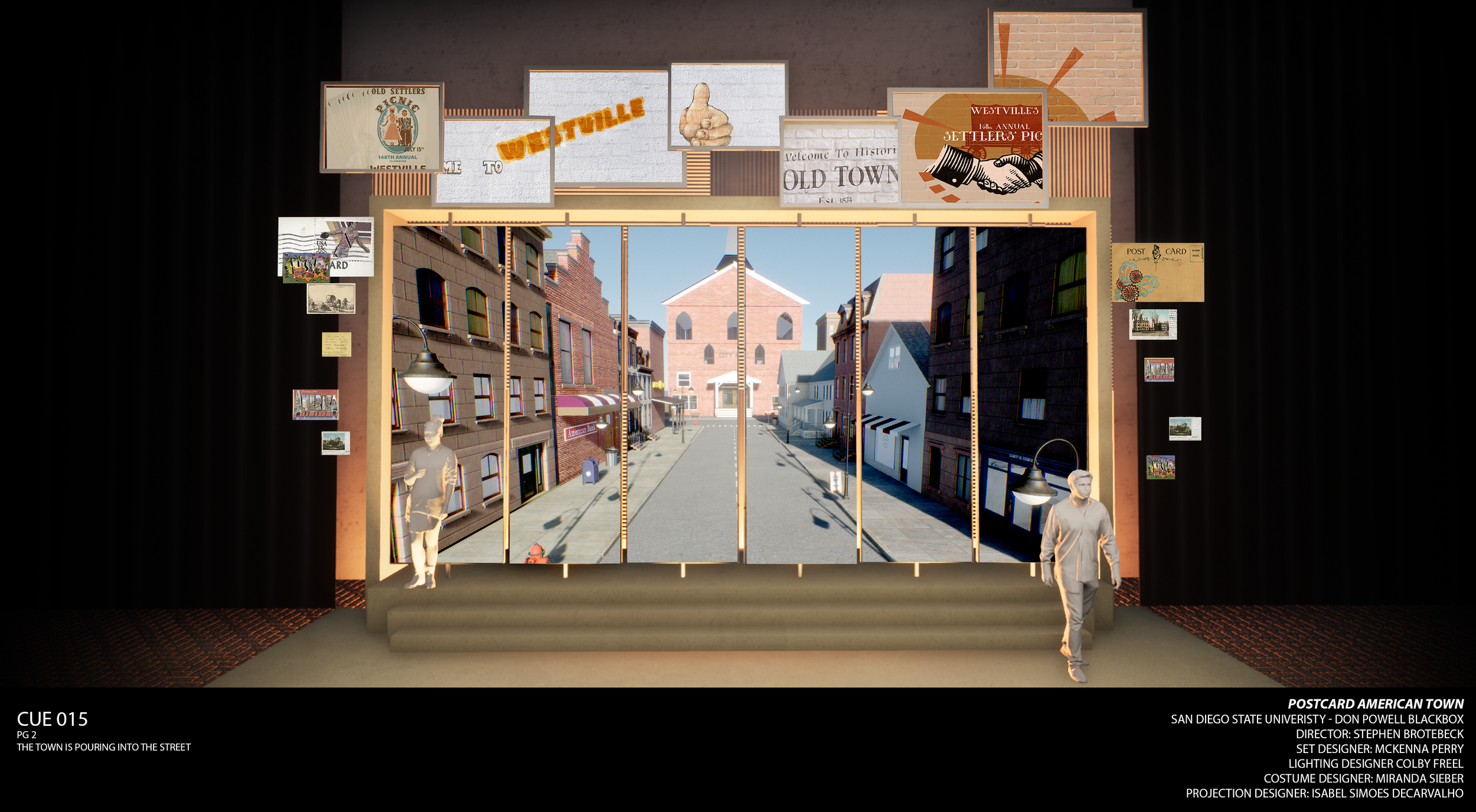 Rendering of a town projection design cue for the world premiere musical “Postcard American Town,” done in Photoshop.