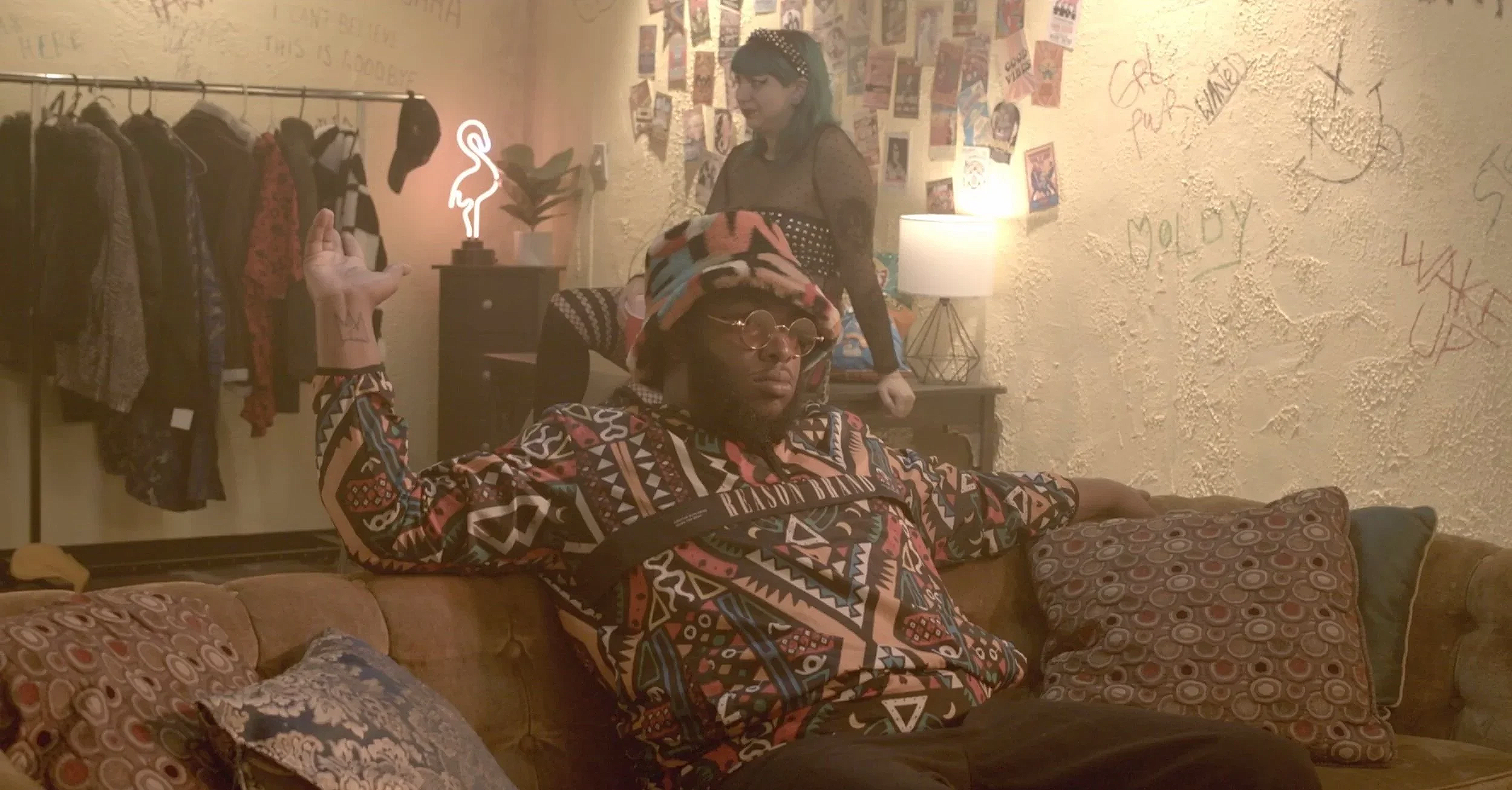 Hazy film still in the greenroom scene in the film “Bad Examples,” a television pilot.