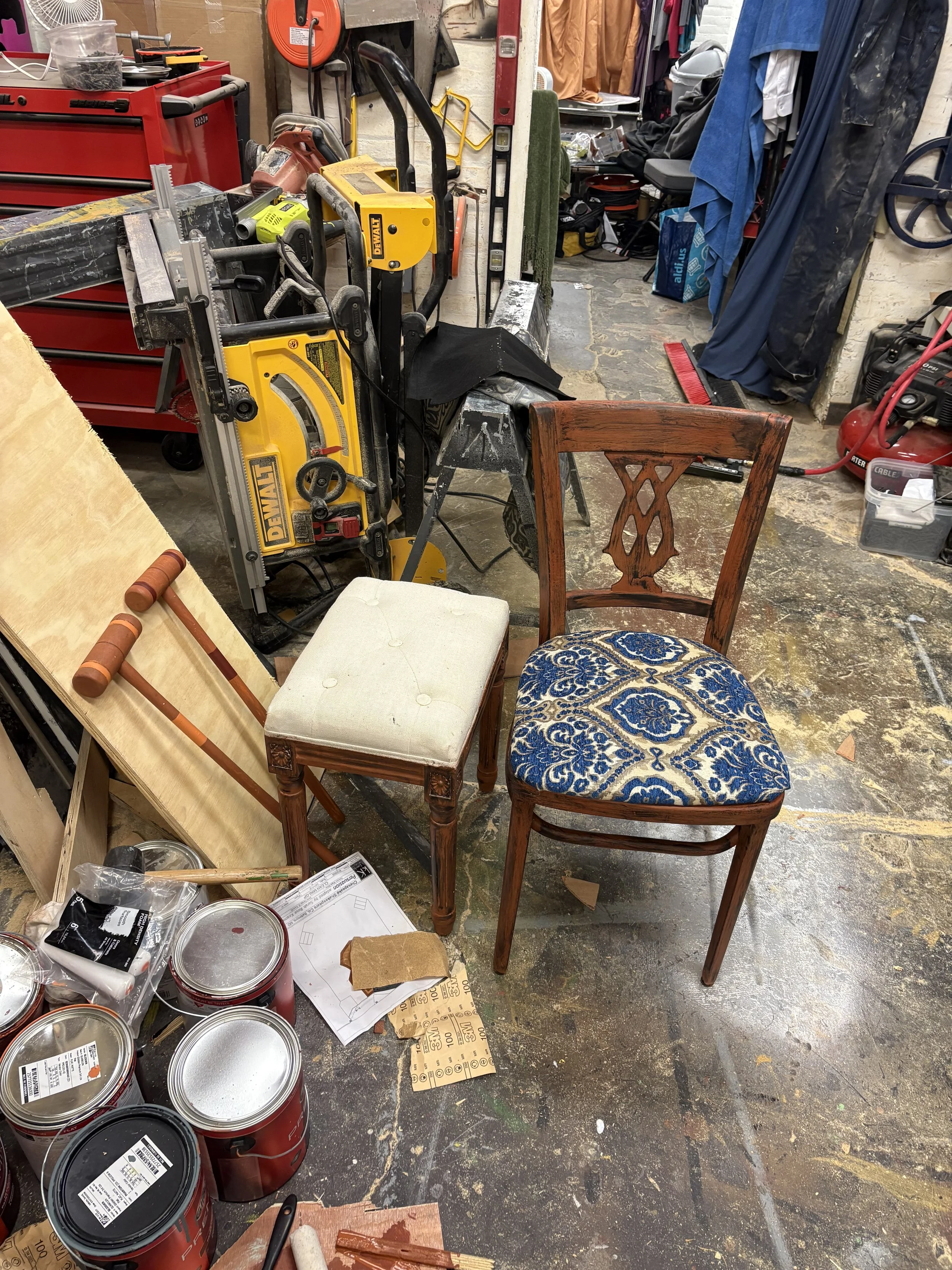 Mallets, stool, and chair all repainted for the play “Persuasion” by Jane Austen, adapted by Sarah Rose Kearns