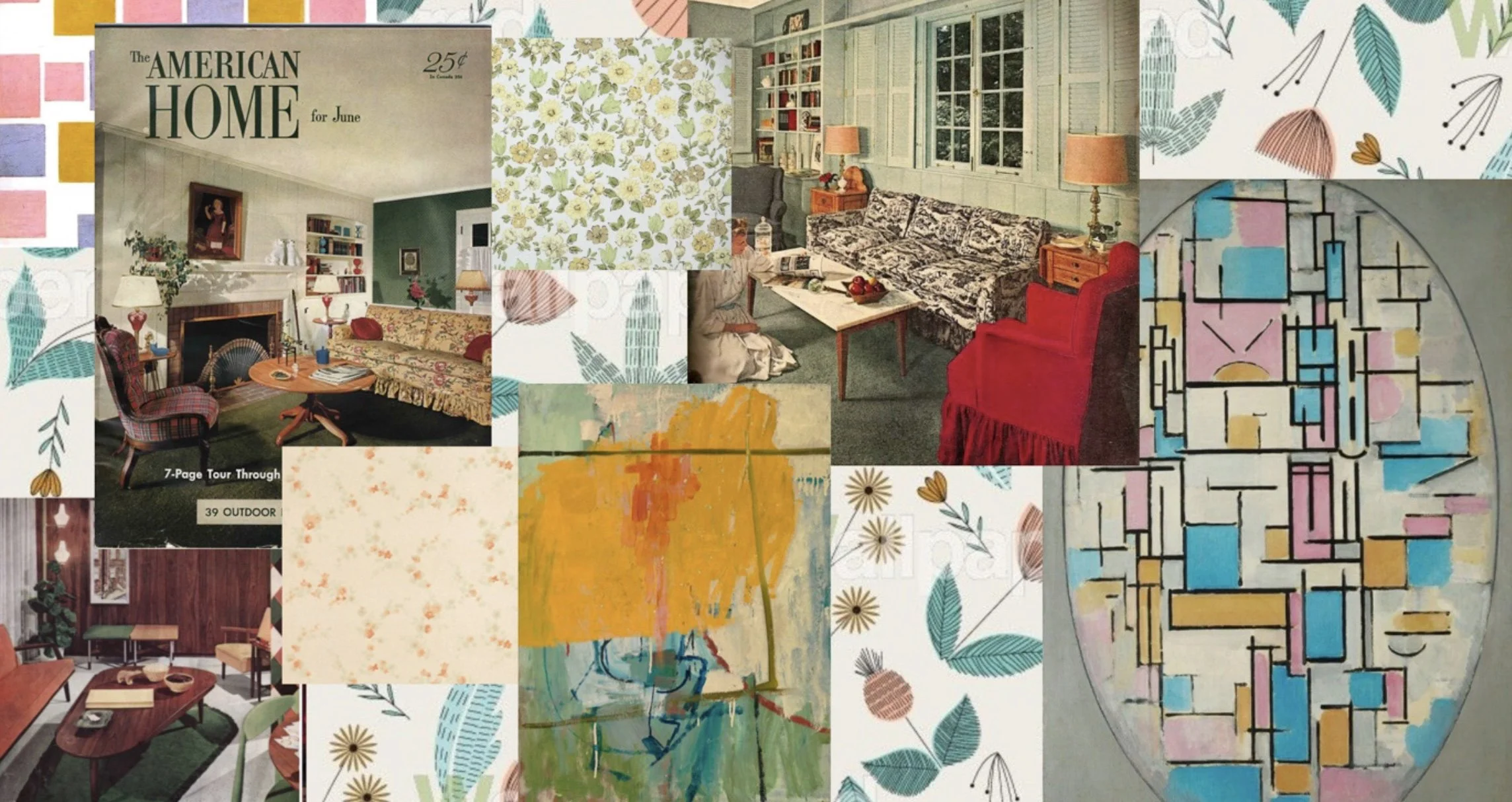 Research collage of vintage interiors, patterns, and artworks for the set design of the play “Well” by Lisa Kron
