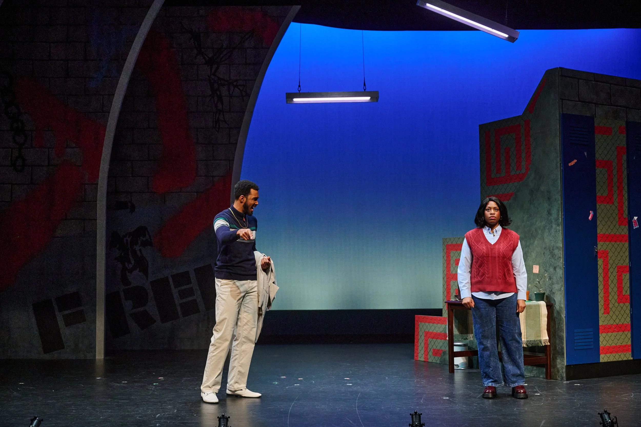 Married couple fighting onstage, on the set for Pipeline by Dominique Morisseau