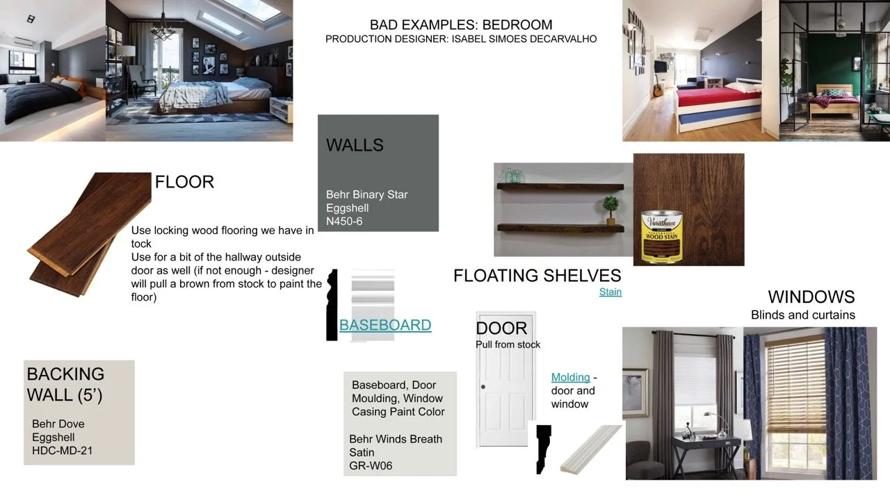 Moodboard for the designed and built set for the film “Bad Examples,” a television pilot.