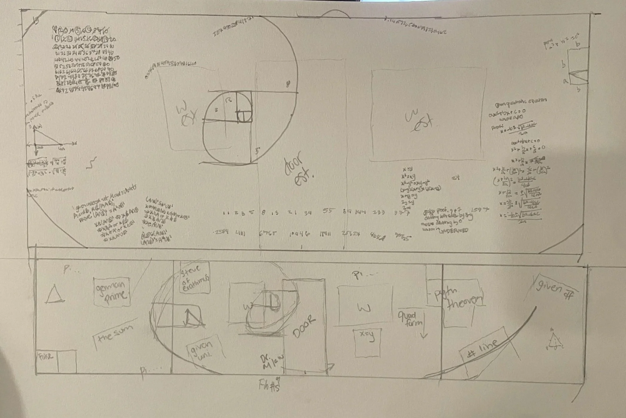 Hand-drawn and mapped out proofs to paint on the walls for the set design of the play “Proof” by David Auburn