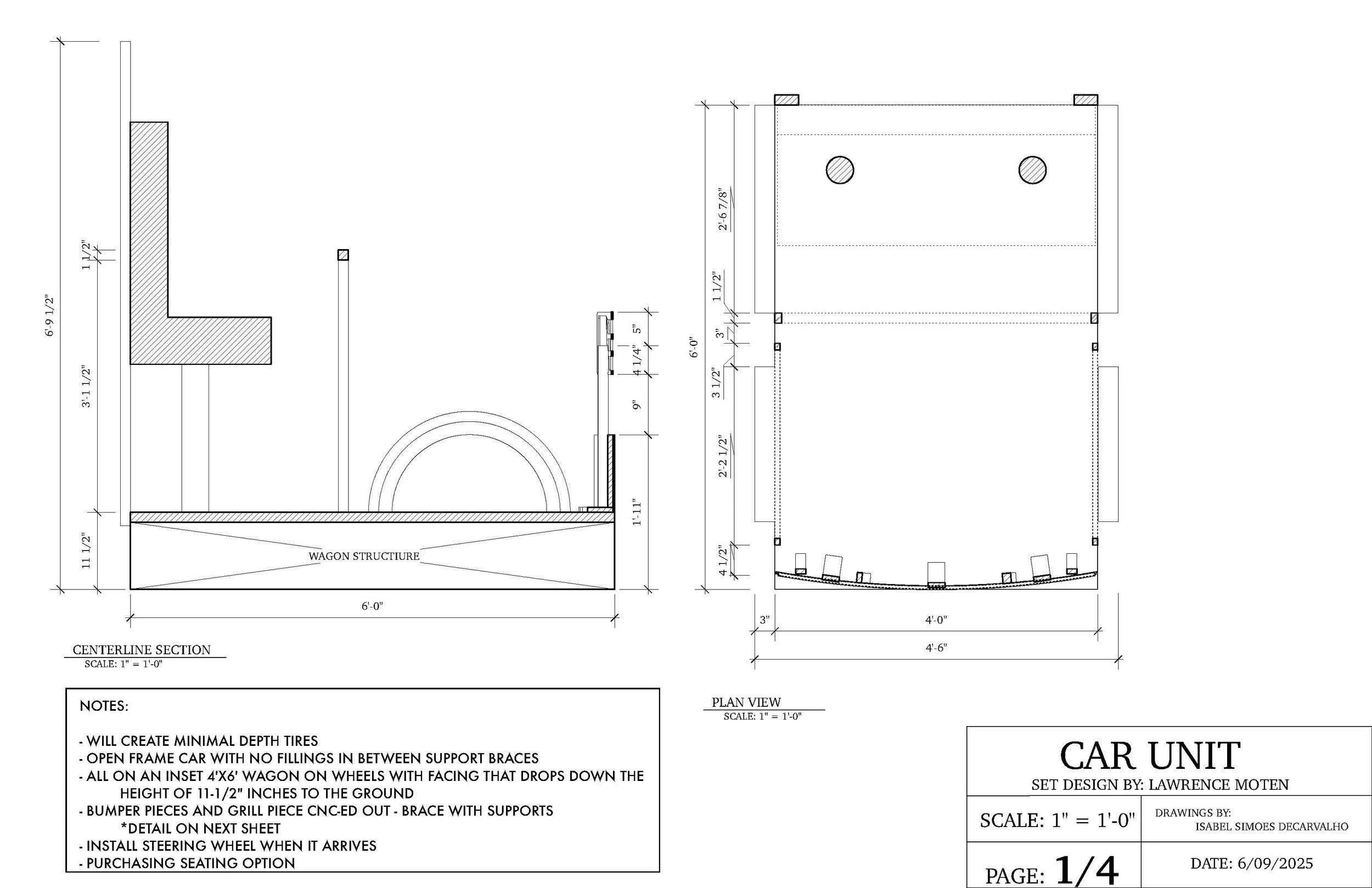 Drafting of the designed and built car for the opera “The Knock,” drafted in Vectorworks