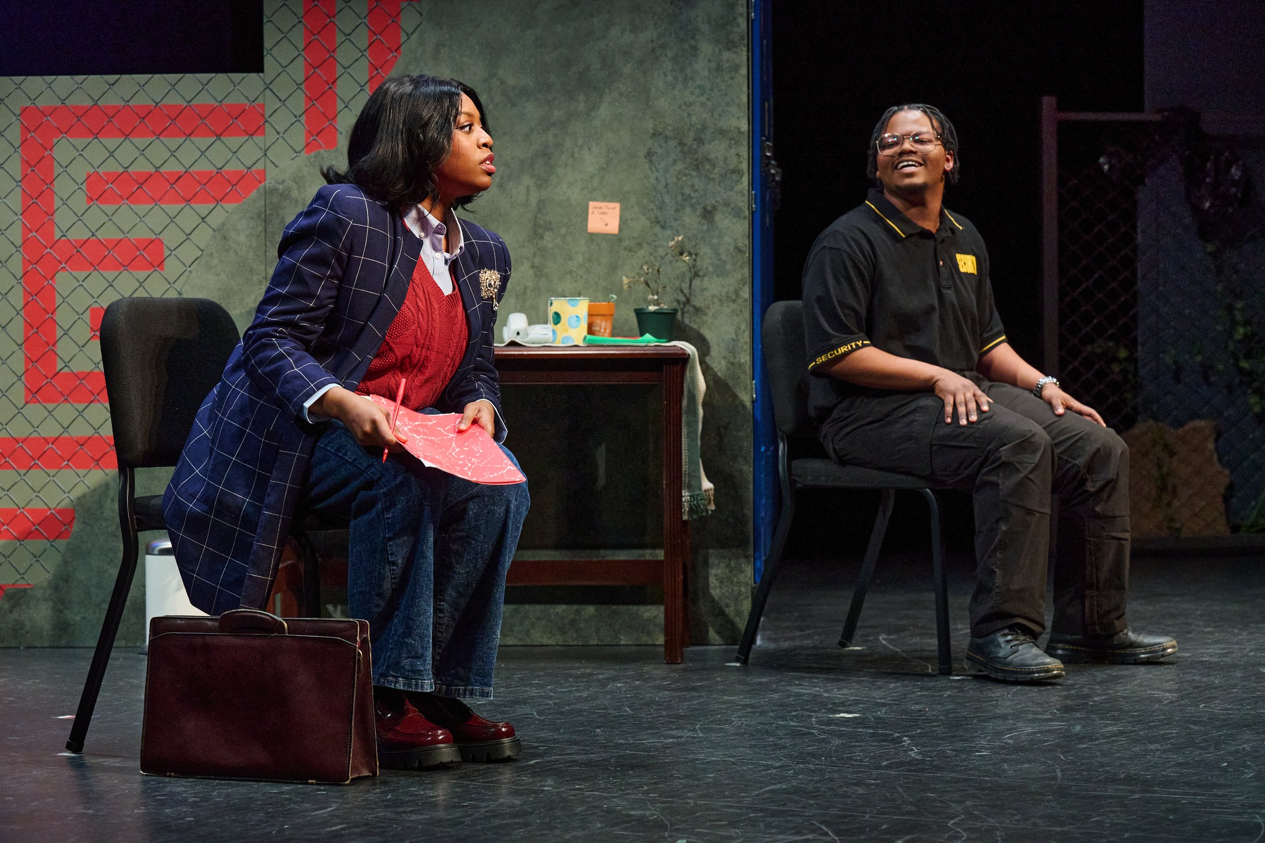 Nya and Dun in the teacher's lounge set - two characters in the theater play Pipeline by Dominique Morisseau