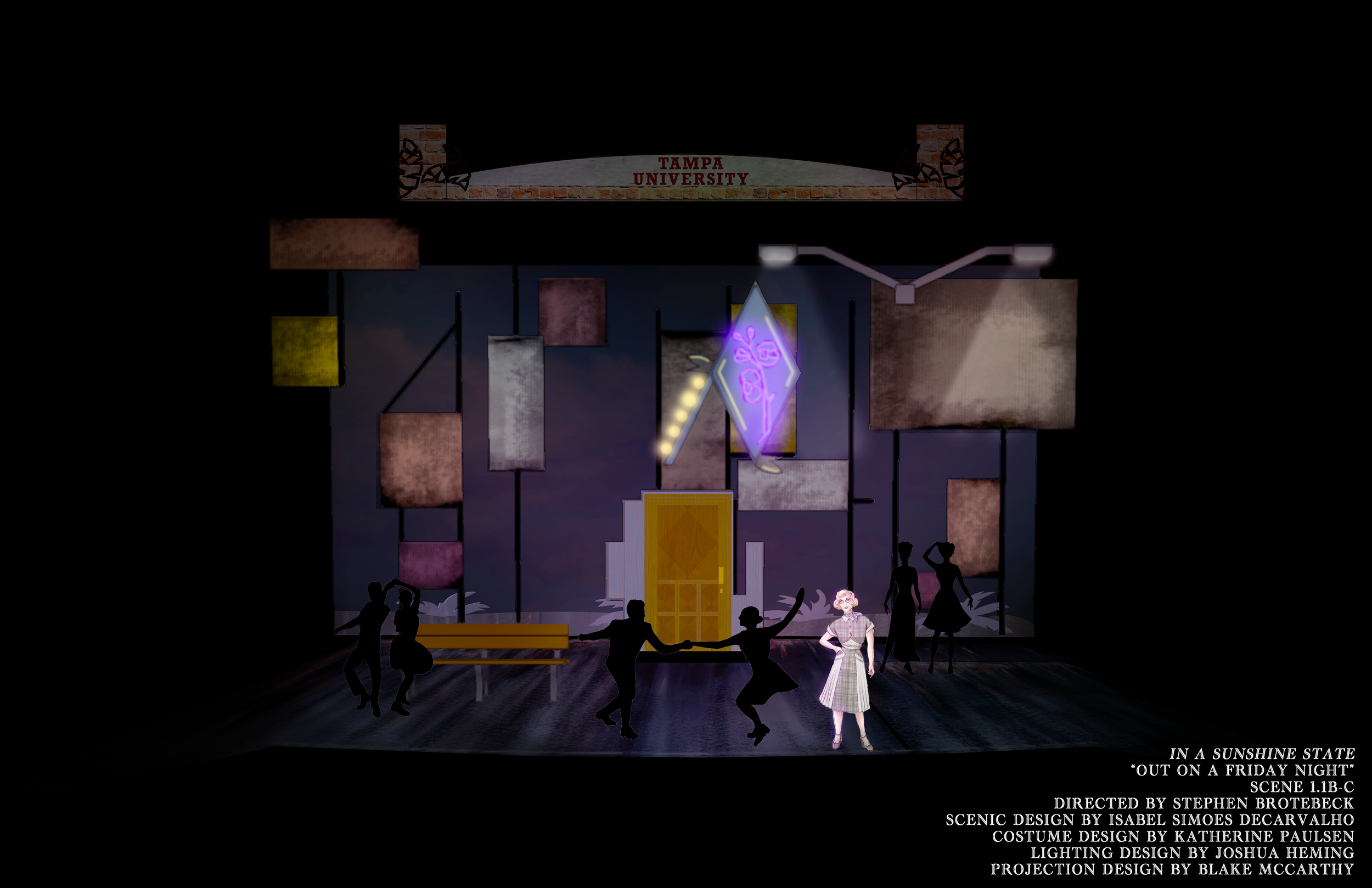 Photoshop storyboard rendering of the street set for the scenic design for the world premiere musical “In a Sunshine State.”