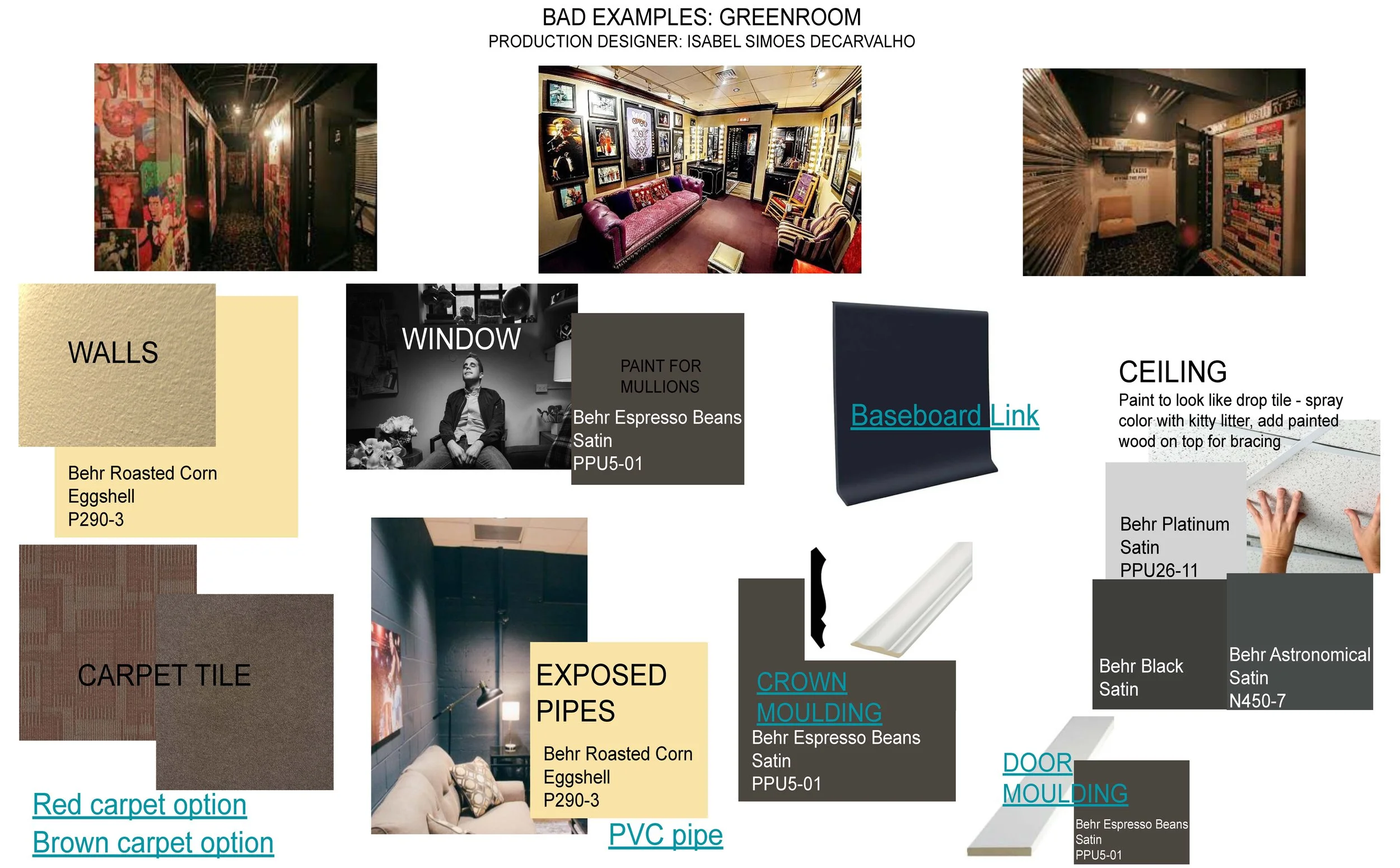 Moodboard for the greenroom set for the film “Bad Examples,” a television pilot.