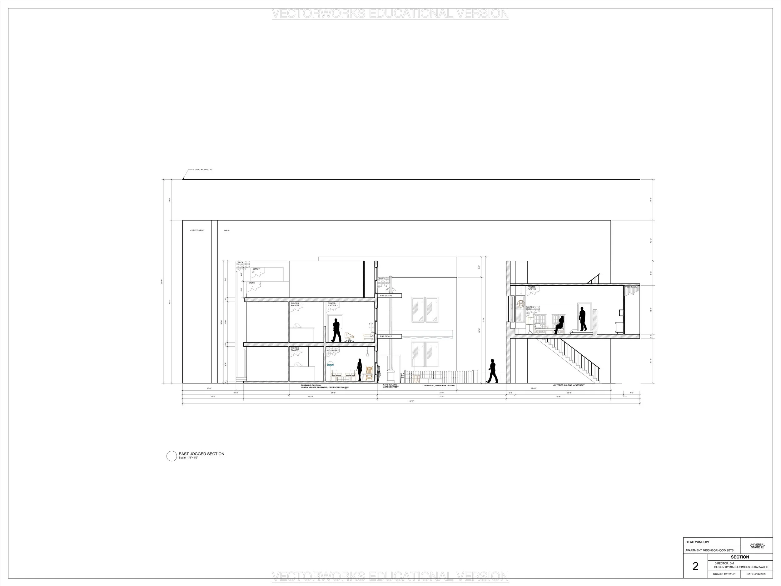Architectural drafting plate done in Vectorworks of a production design for “Rear Window.”