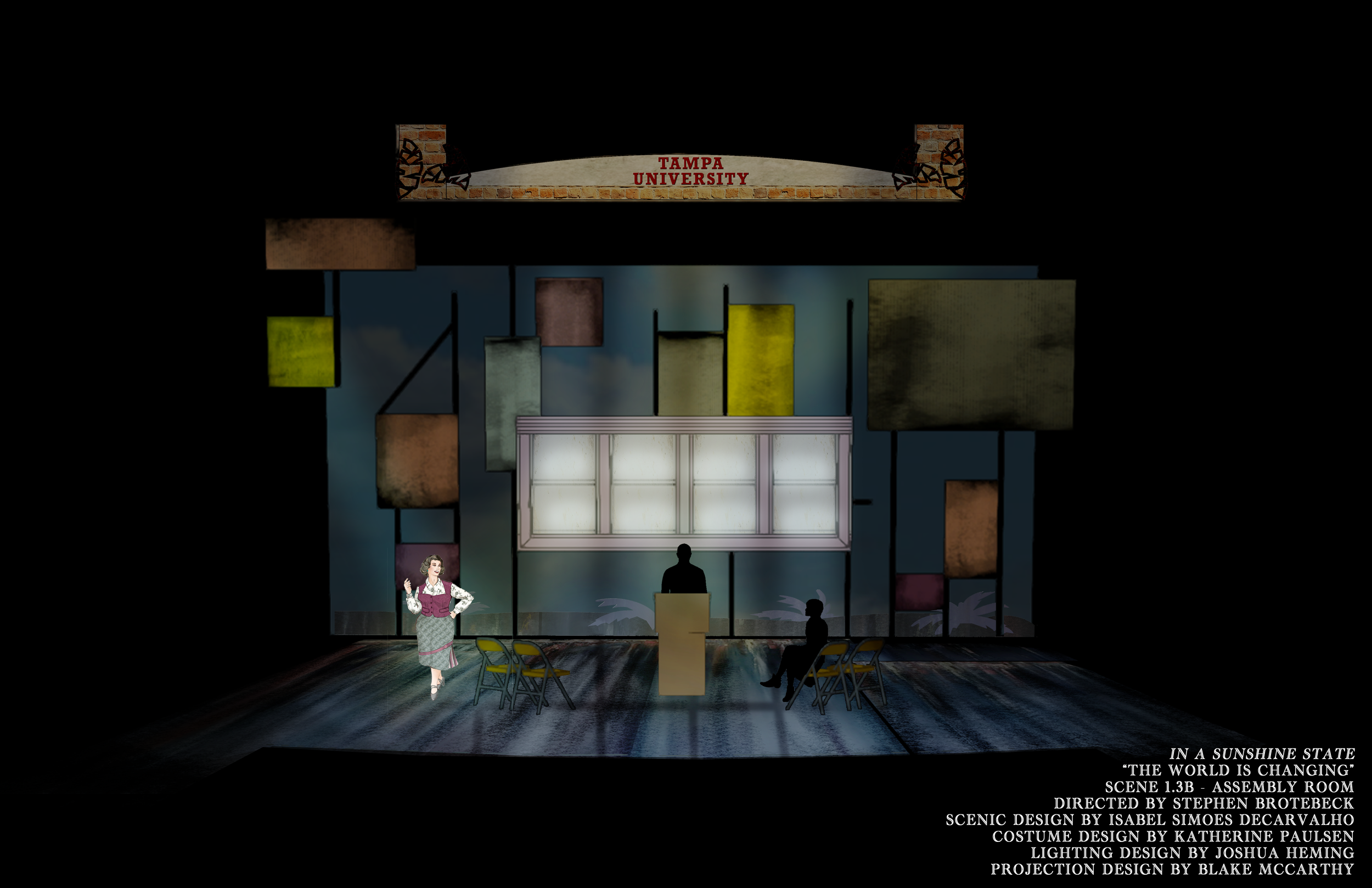 Photoshop storyboard rendering of the university meeting room set for the scenic design for the world premiere musical “In a Sunshine State.”