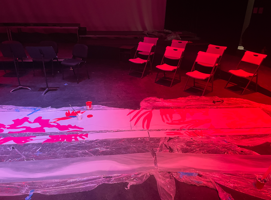 Painting process photo of the platform facing for the world premiere Opera “The Magic Hummingbird”