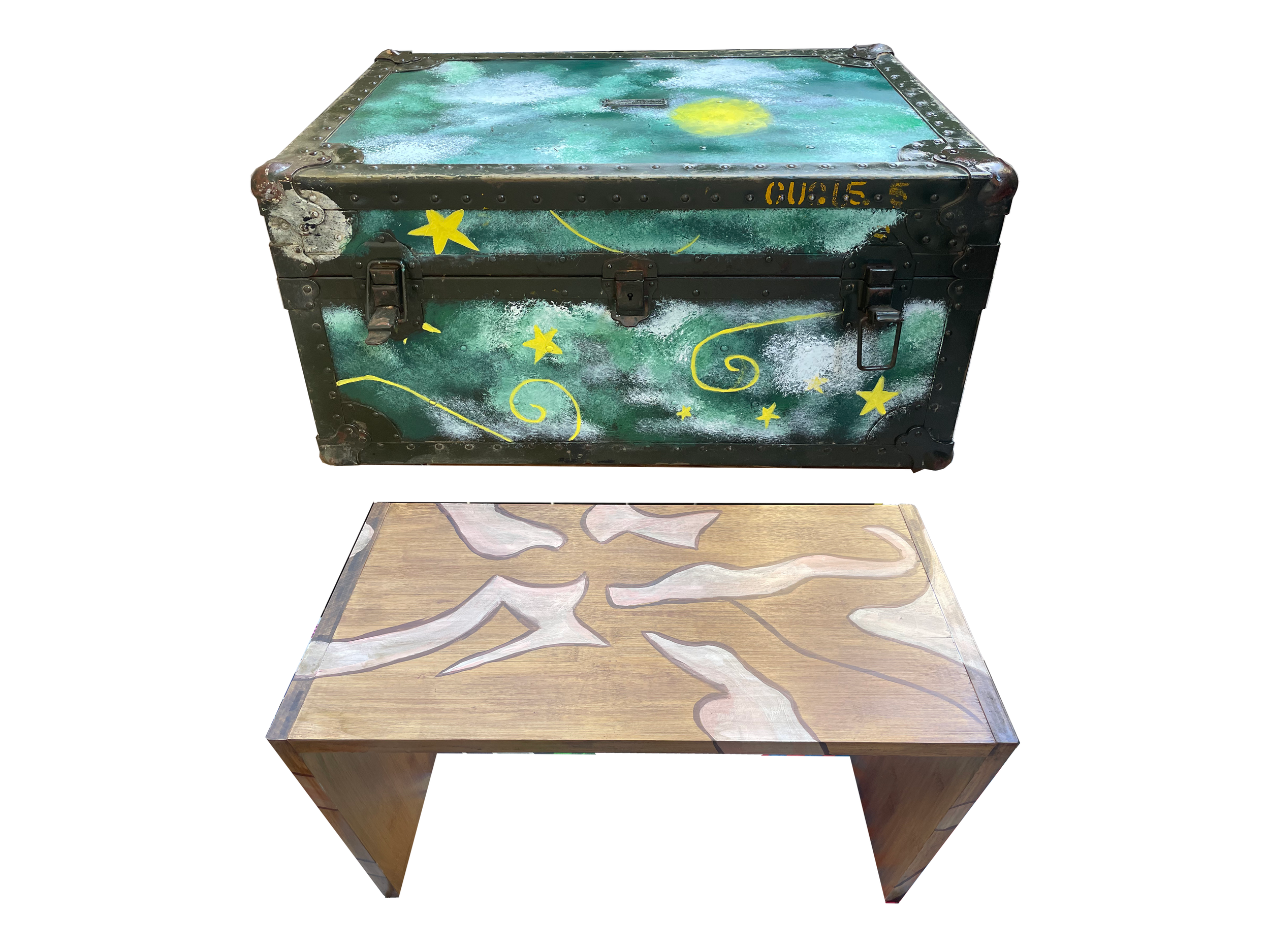 Pictures of the final paint treatments on furniture for the prop design of the world premiere play “BRAT” by Wendy Maples