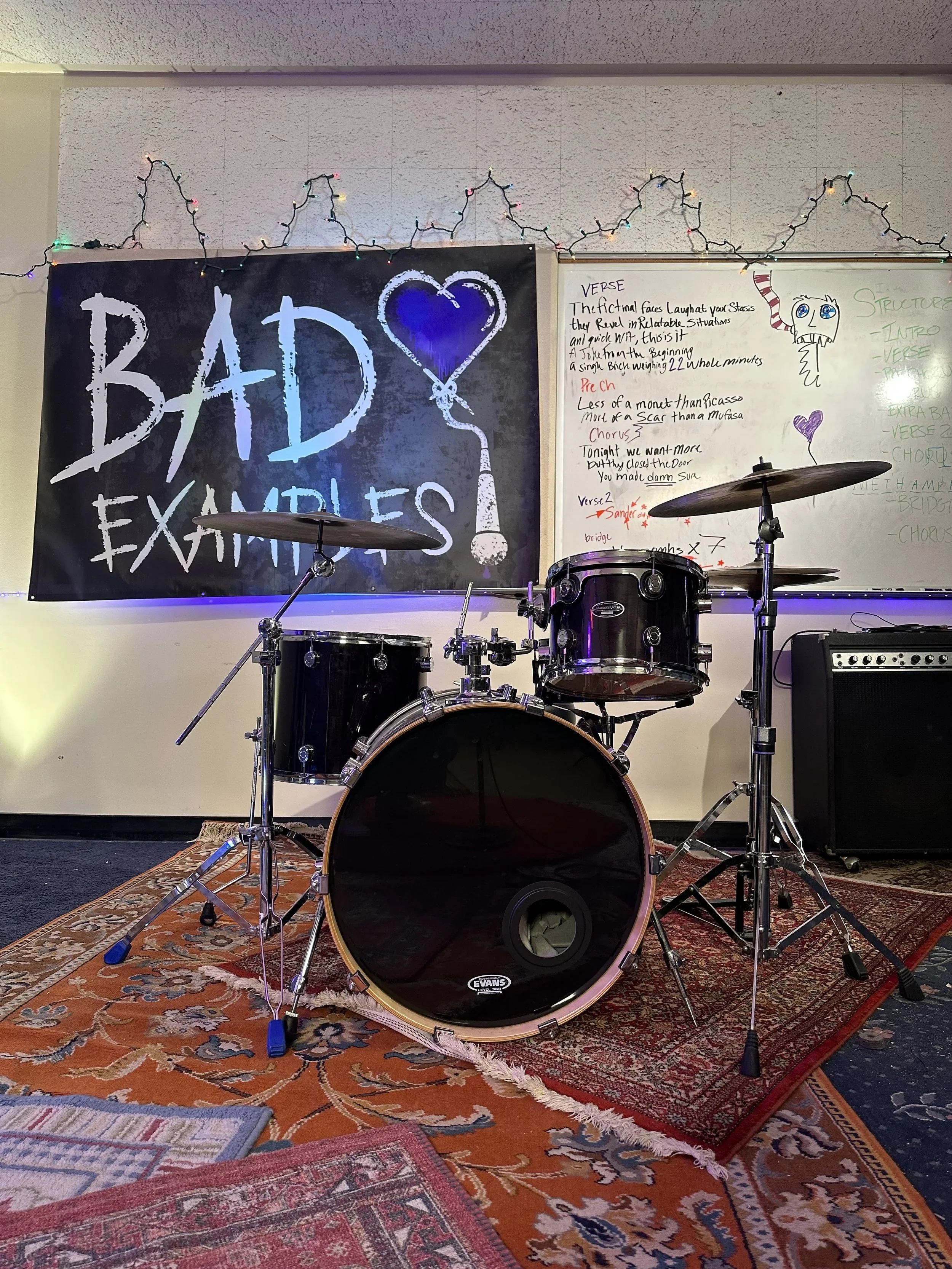 Behind the scenes picture of the band set up for the film “Bad Examples,” a television pilot.