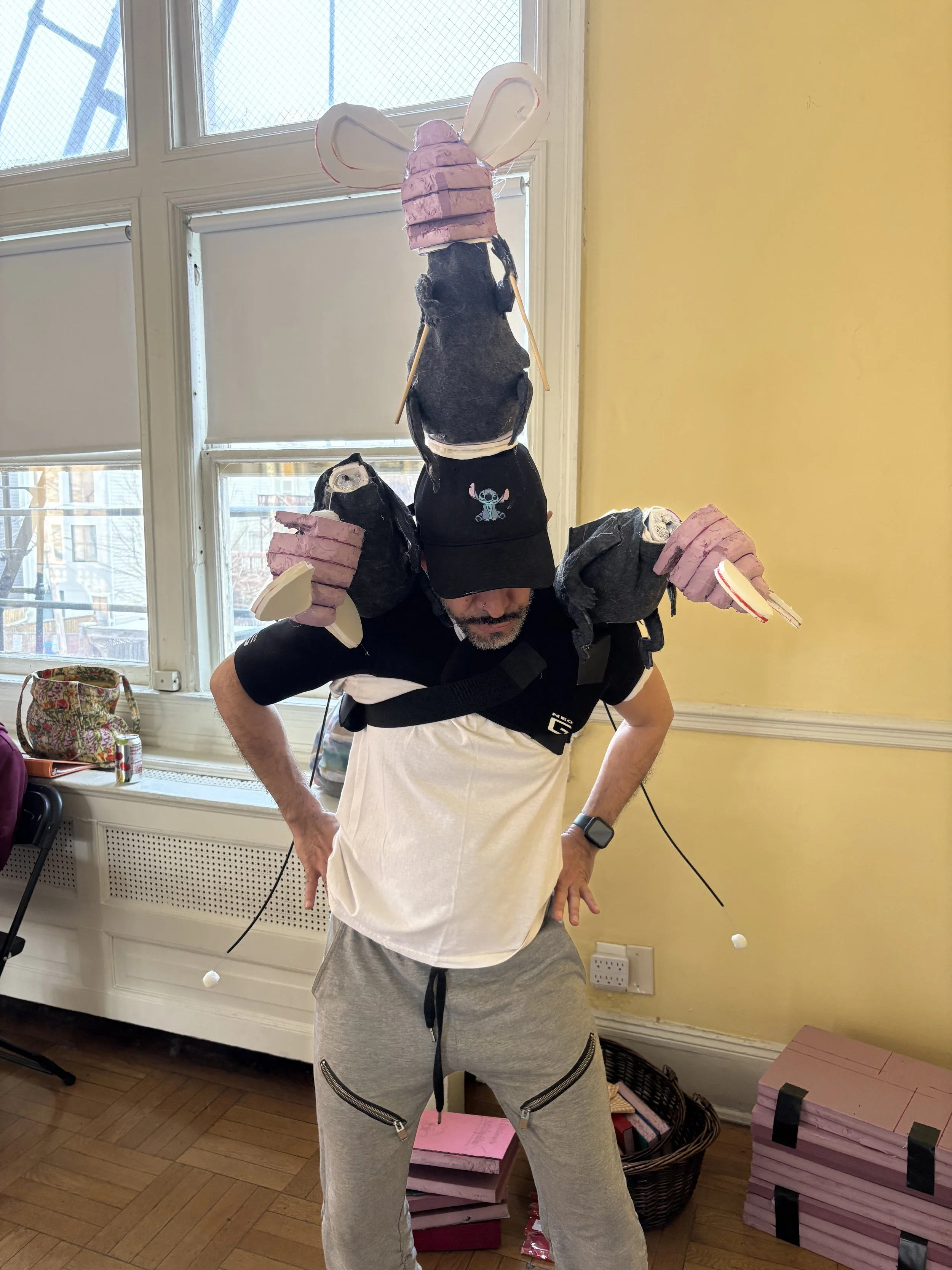 Process build photo of rat puppets for the theater kids’ show “Séneca, The Library Mouse” by Jorge Diaz