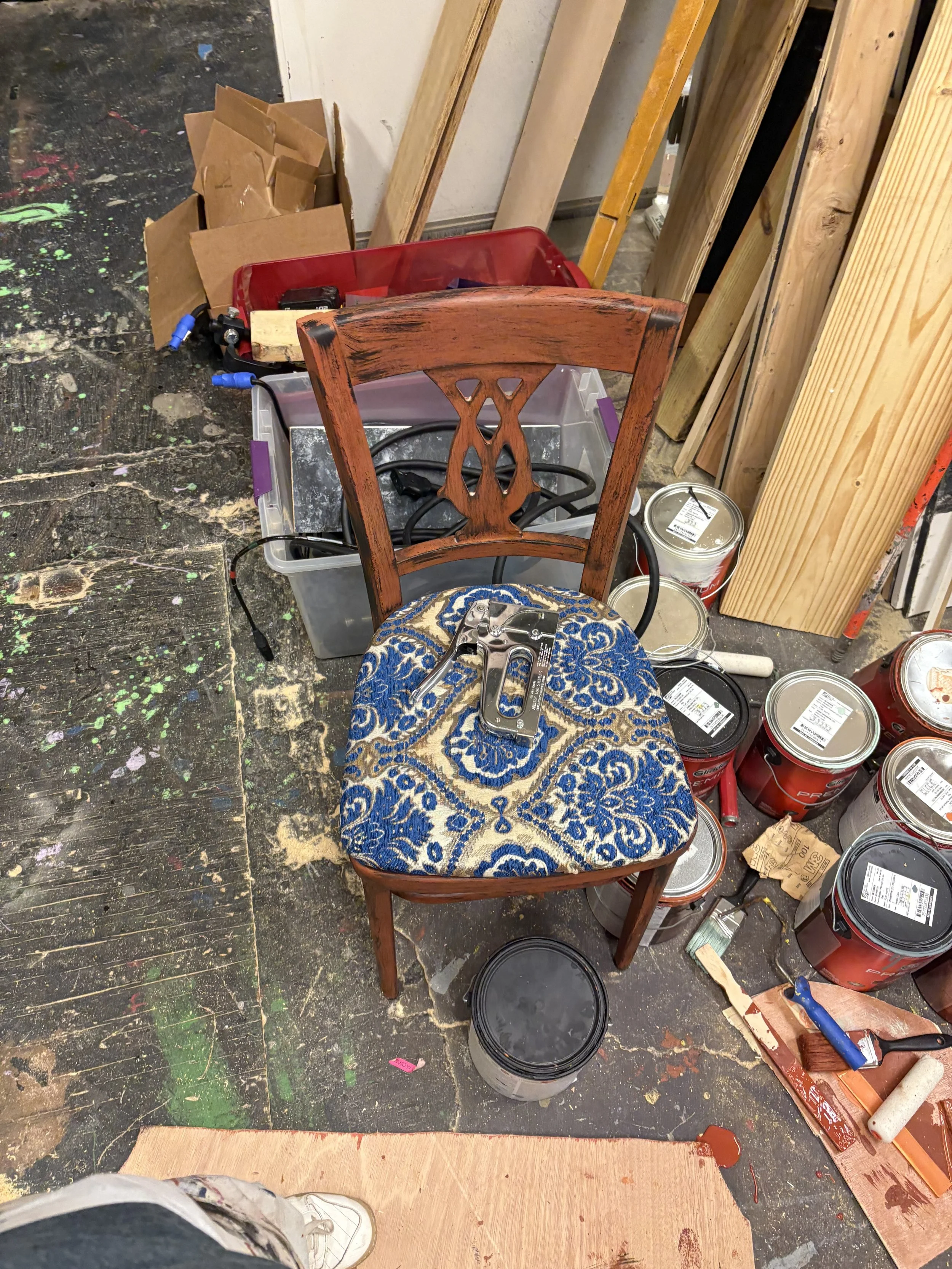 A reupholstered and painted chair for the play “Persuasion” by Jane Austen, adapted by Sarah Rose Kearns