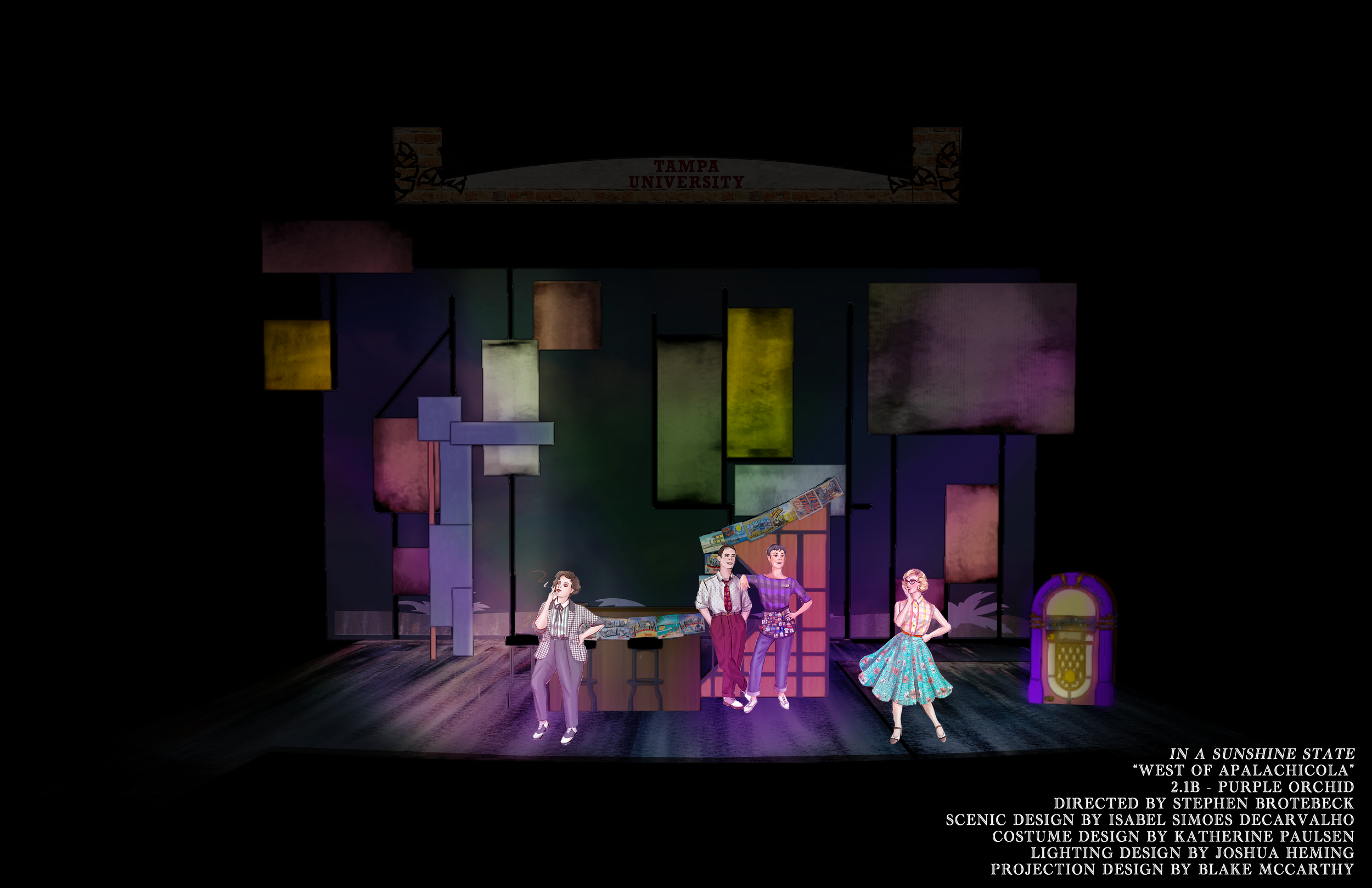 Photoshop storyboard rendering of the lesbian bar set for the scenic design for the world premiere musical “In a Sunshine State.”