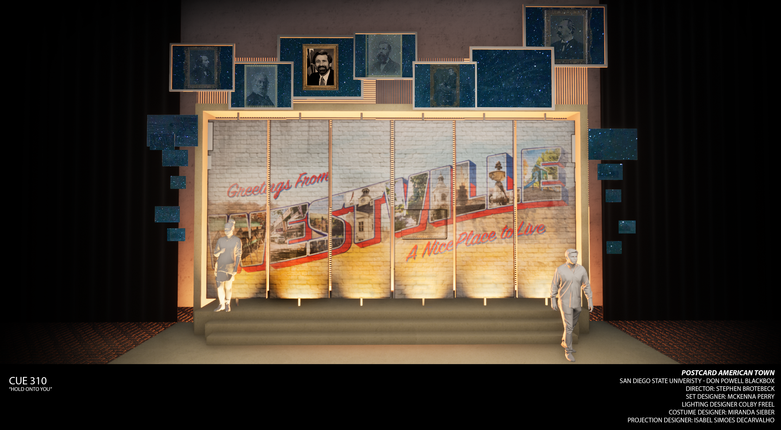 Rendering of a night sky projection design cue for the world premiere musical “Postcard American Town,” done in Photoshop.