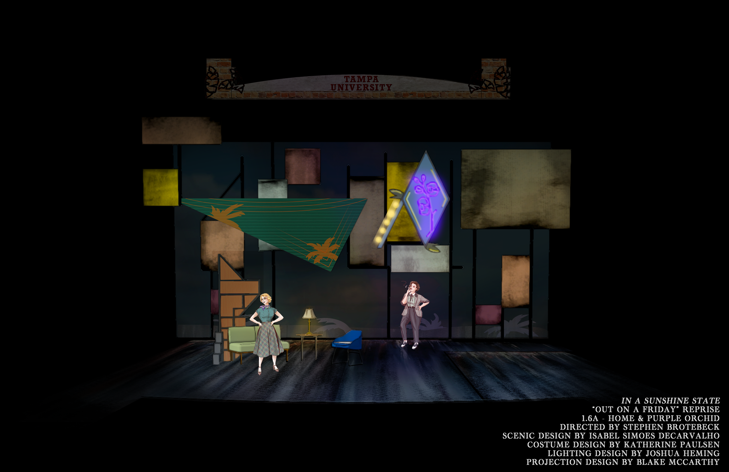 Photoshop storyboard rendering of the split stage street and home set for the scenic design for the world premiere musical “In a Sunshine State.”