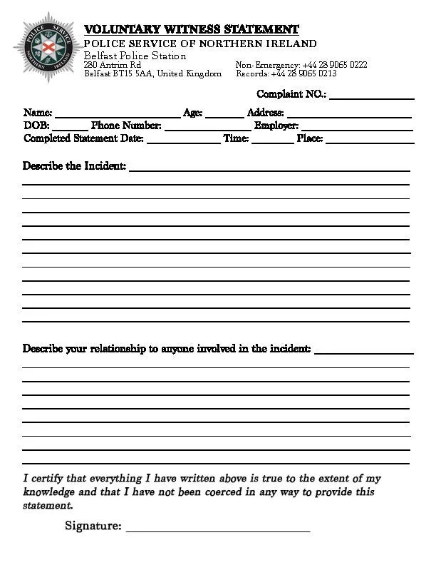 Photoshop graphic design of a blank witness statement for the North American premiere of “Lie Low” by Ciara Elizabeth Smyth
