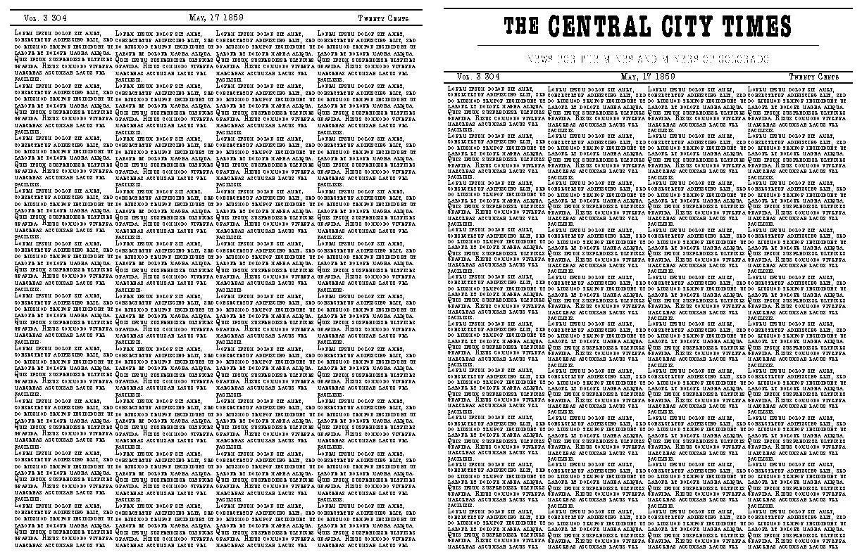Graphic design of the Central City Times newspaper prop for the opera “La Fanciulla del West,” created in photoshop