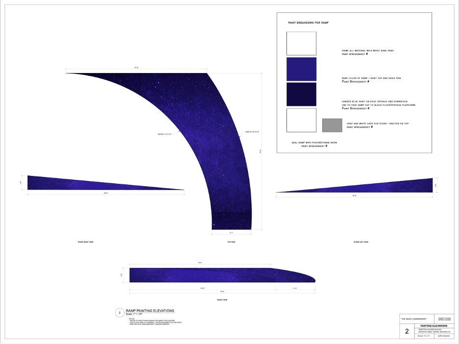 Painting elevation of the ramp for the world premiere Opera “The Magic Hummingbird,” drafted in Vectorworks and rendered in Photoshop.
