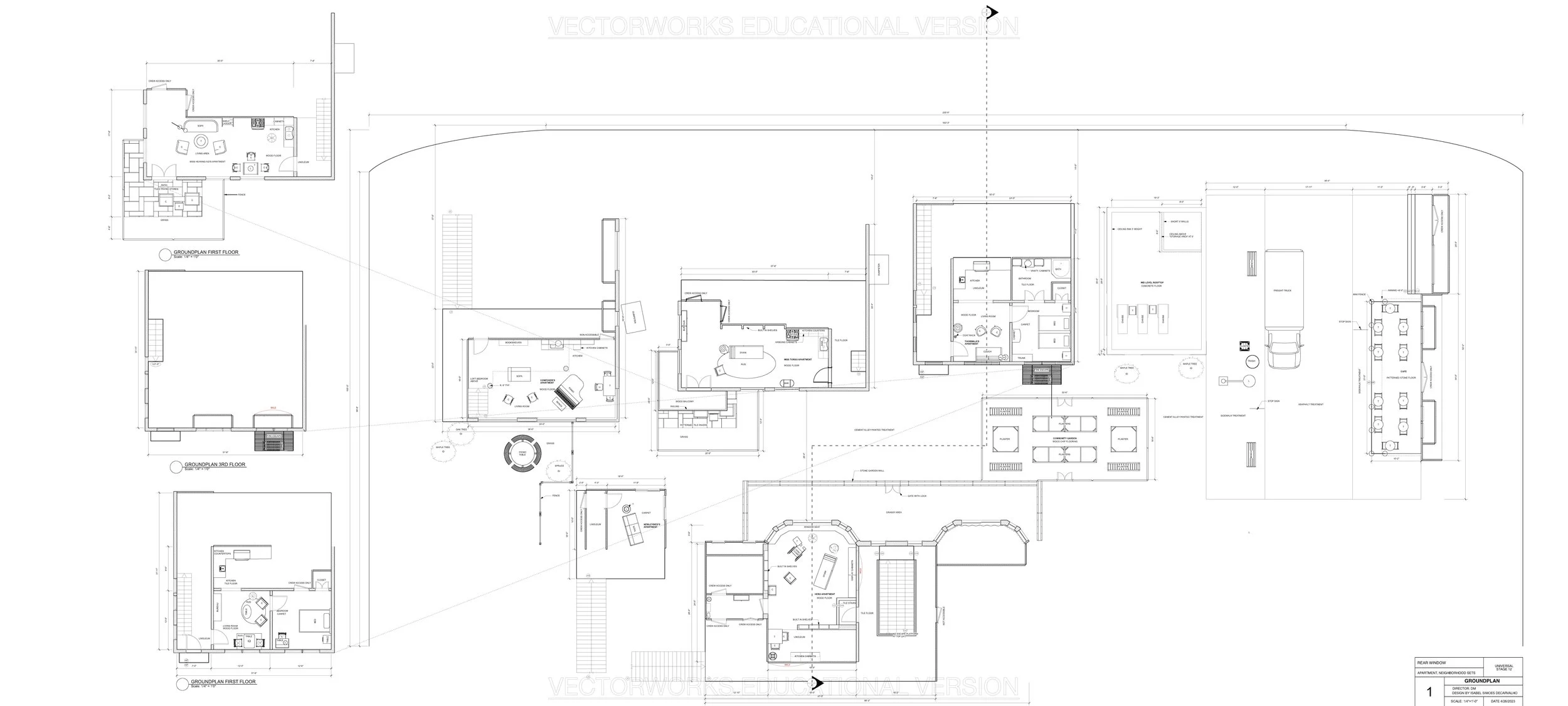 Architectural drafting plate done in Vectorworks of a production design for “Rear Window.”
