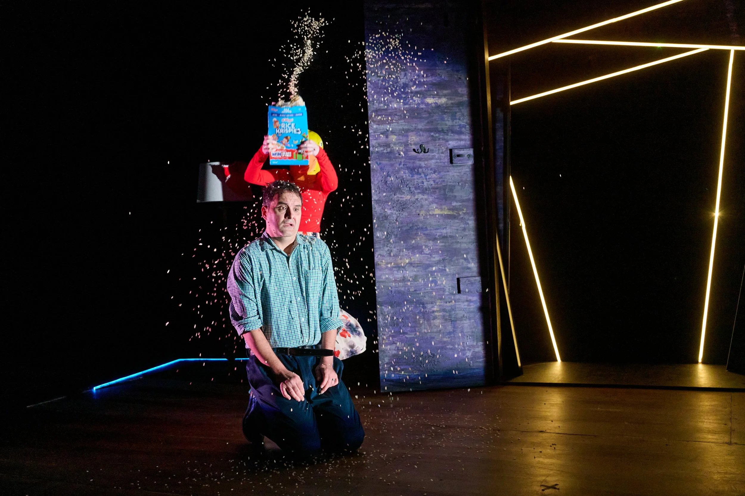 Rice Krispie cereal being thrown onstage during the North American premiere of “Lie Low” by Ciara Elizabeth Smyth