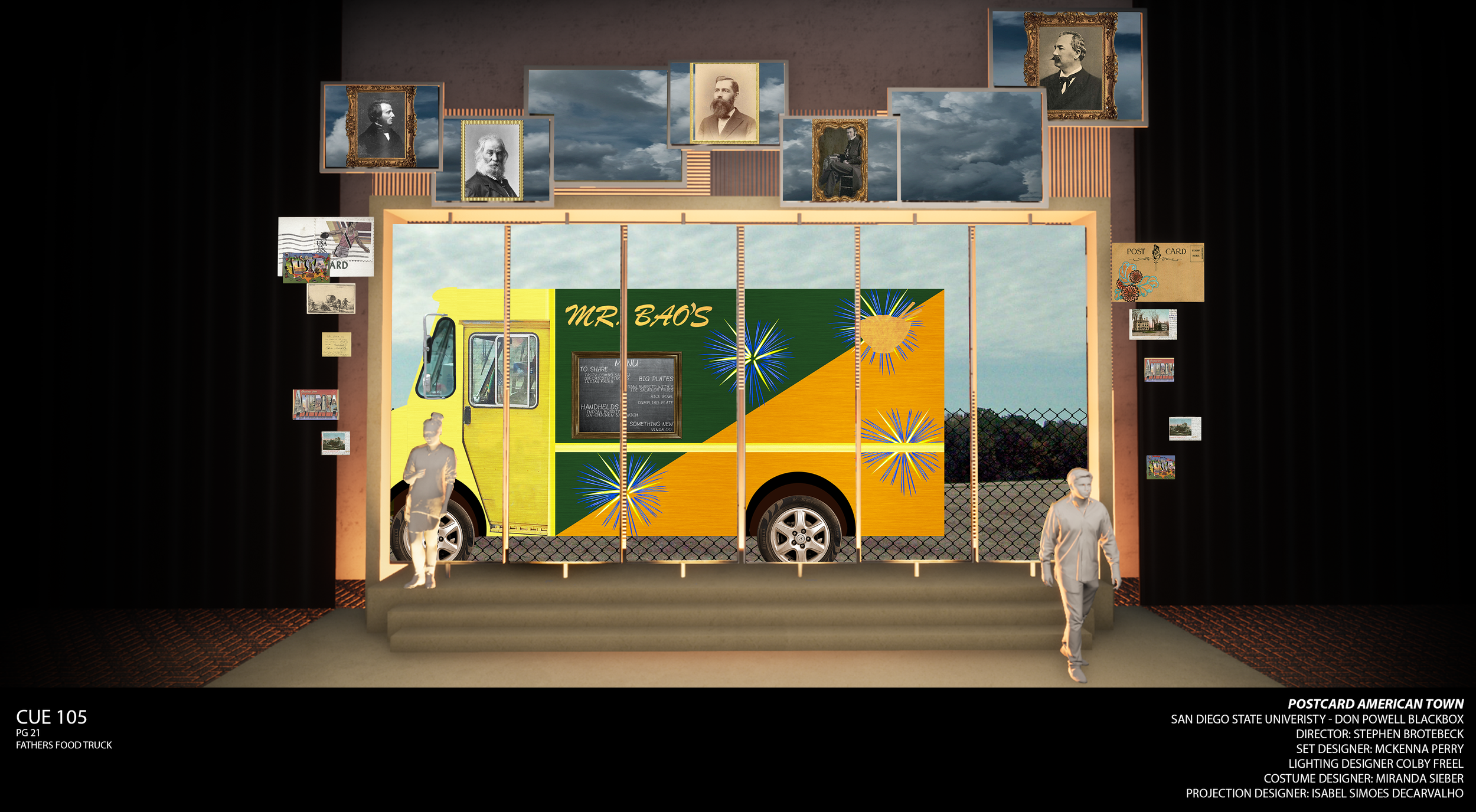 Rendering of a food truck projection design cue for the world premiere musical “Postcard American Town,” done in Photoshop.