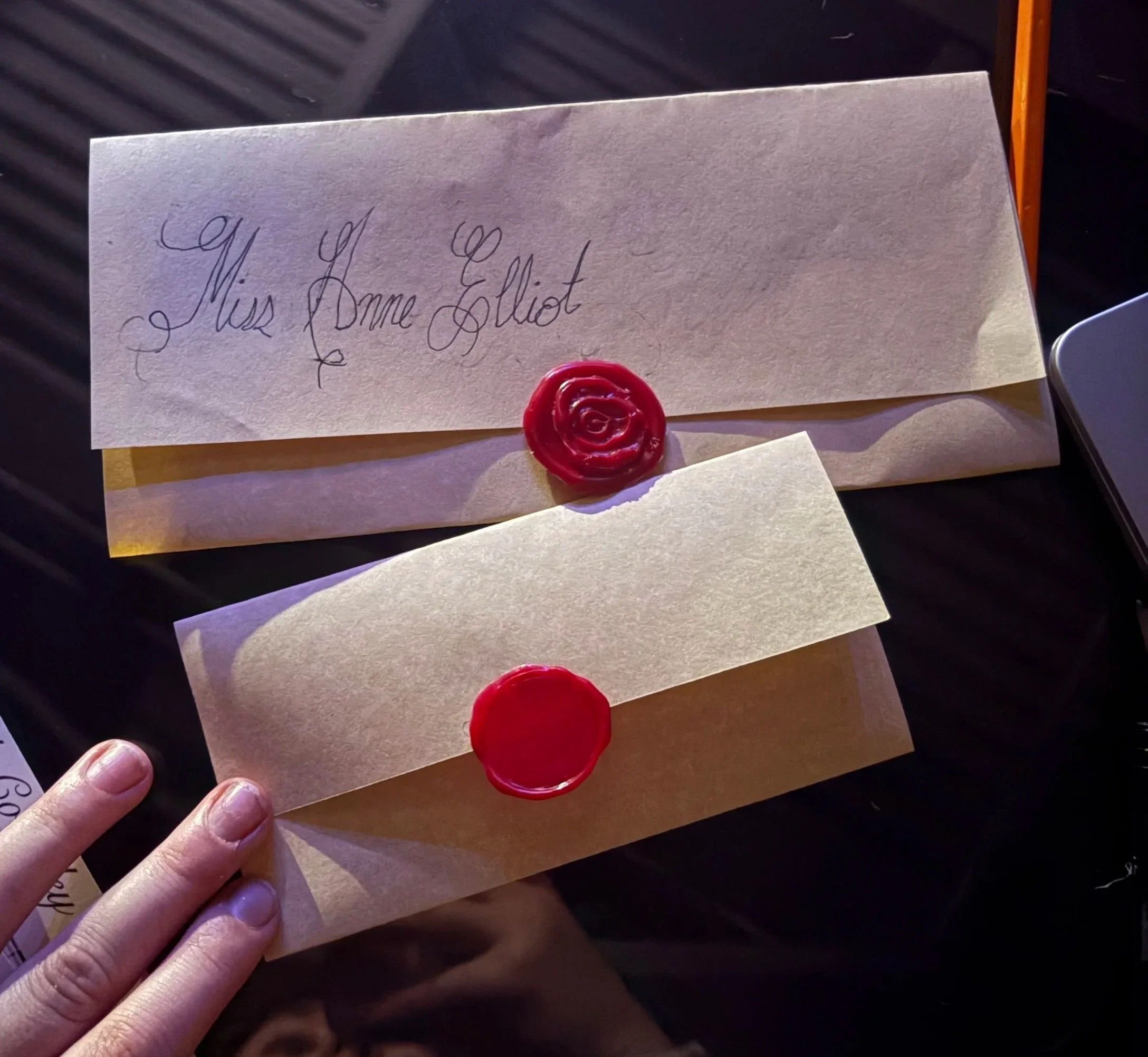Letters created and faux wax sealed for the play “Persuasion” by Jane Austen, adapted by Sarah Rose Kearns