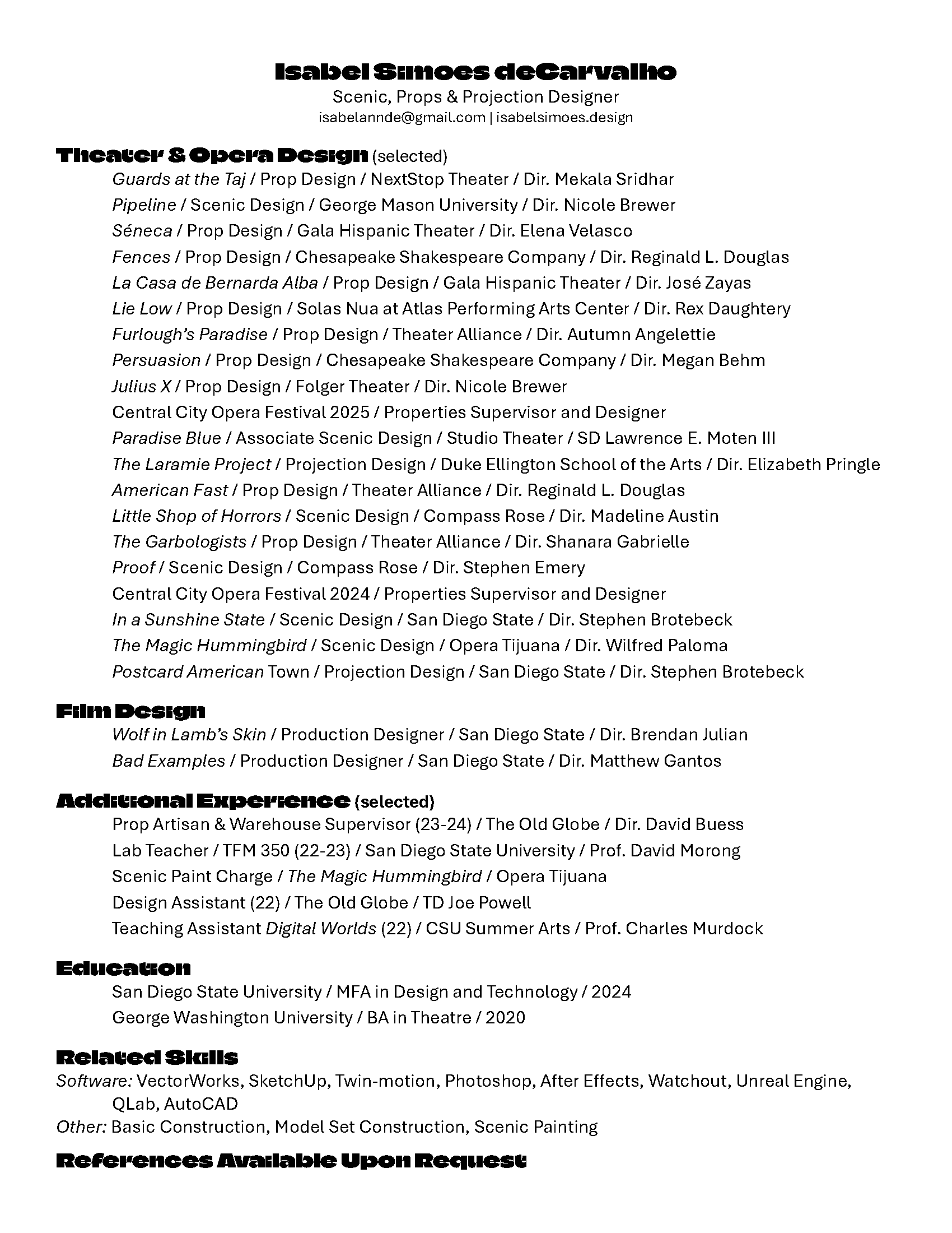 A résumé page displaying names, contact information, education, skills, and references for Isabel Simoes deCarvalho, a scenic, props, and projection designer with experience in theater, opera, film, and education.