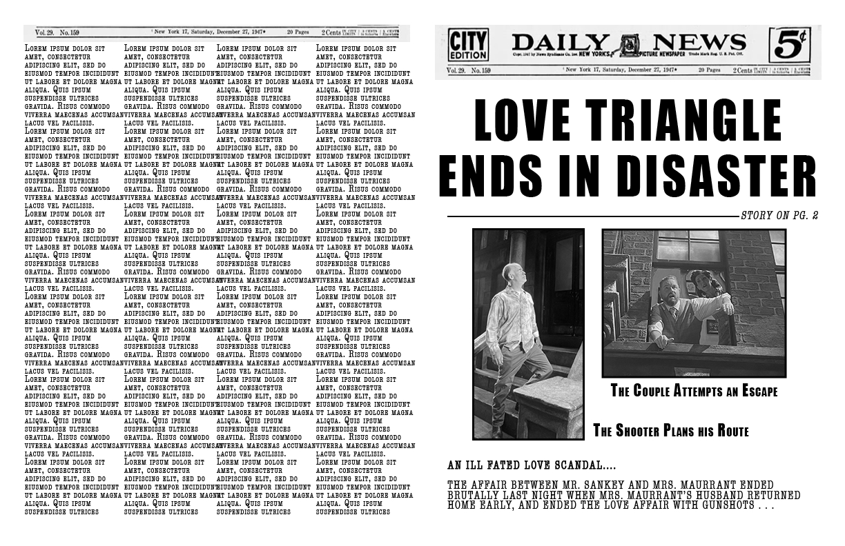 Graphic design of the tabloid newspaper prop for the opera “Street Scene,” created in photoshop
