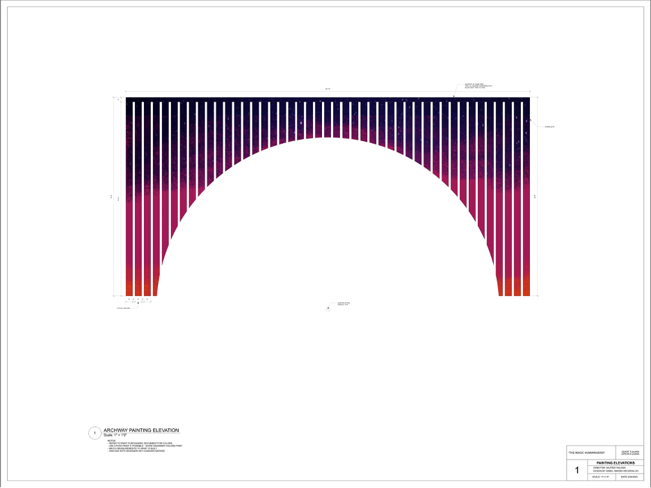 Painting elevation of the archway for the world premiere Opera “The Magic Hummingbird,” drafted in Vectorworks and rendered in Photoshop.