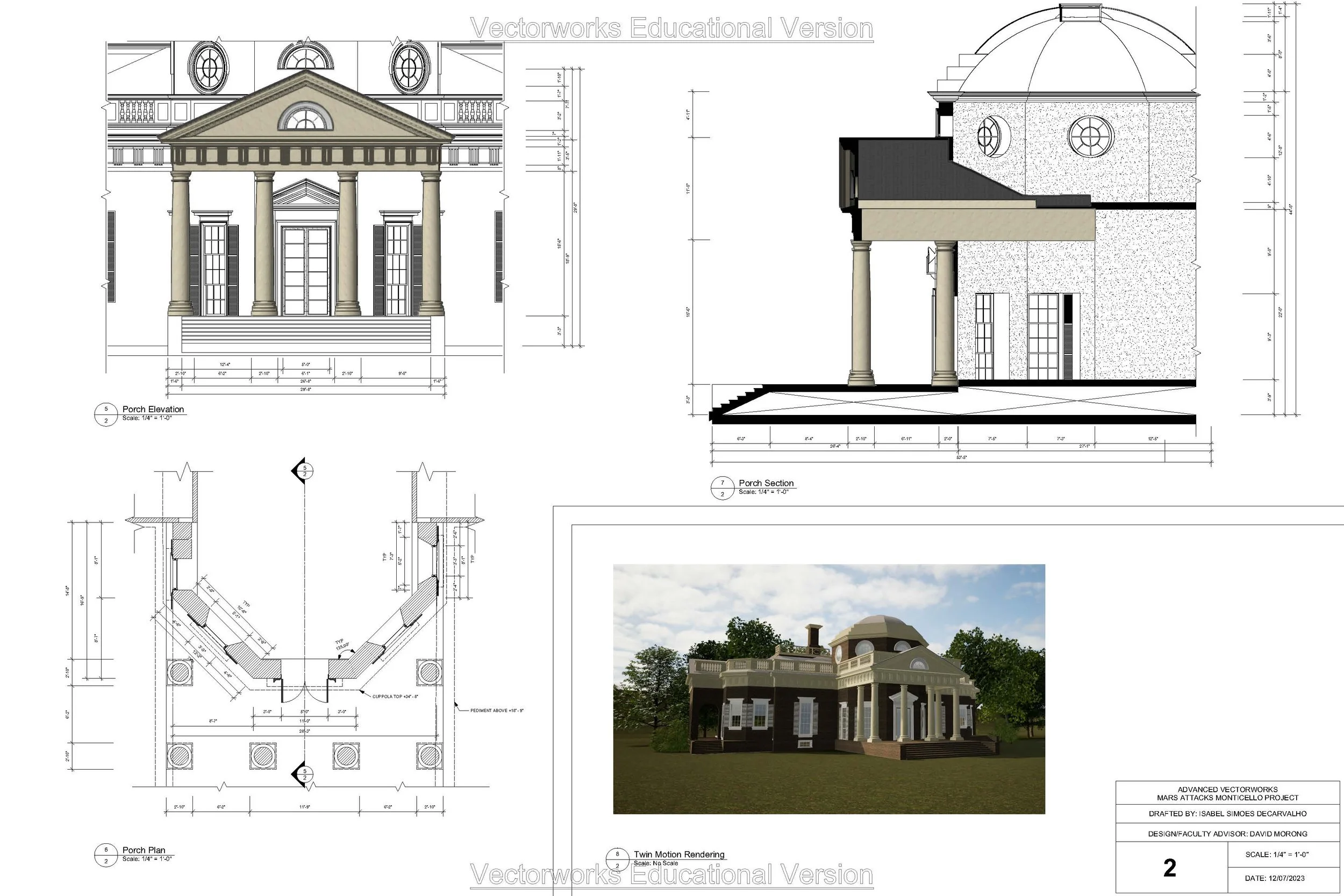 Architectural drafting plate done in Vectorworks with Twinmotion renderings of Thomas Jefferson’s Monticello.