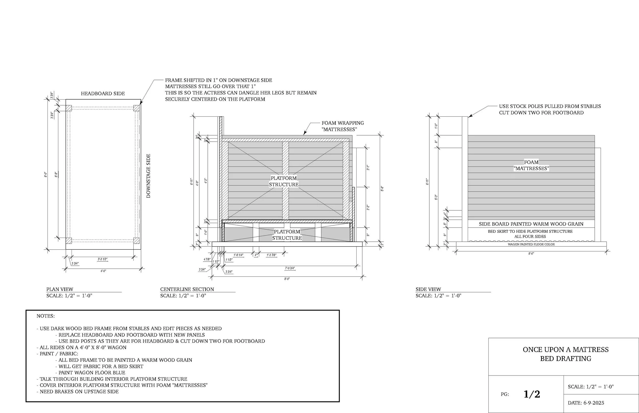 Architectural drafting of the bed for the opera “Once Upon a Mattress,” done in Vectorworks