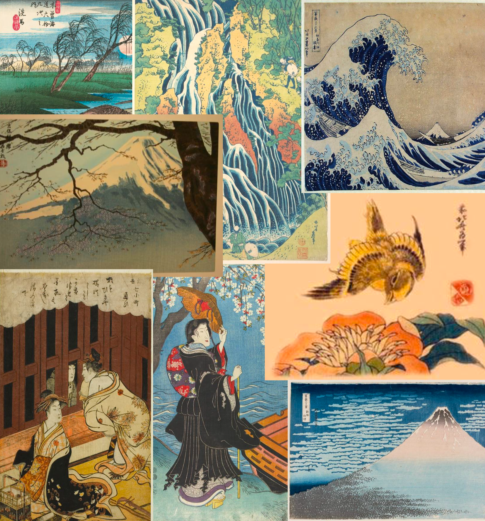 Research collage of traditional Japanese art and scenes for inspiration for the set design for the play “The Long Christmas Ride Home” by Paula Vogel