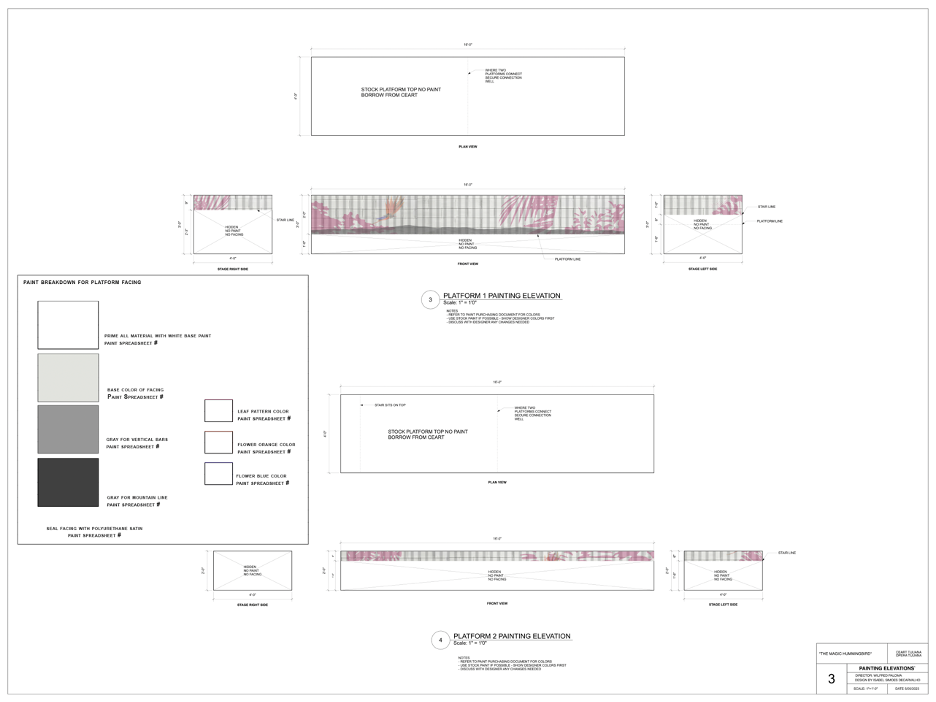 Painting elevation of the platform facing pieces for the world premiere Opera “The Magic Hummingbird,” drafted in Vectorworks and rendered in Photoshop.