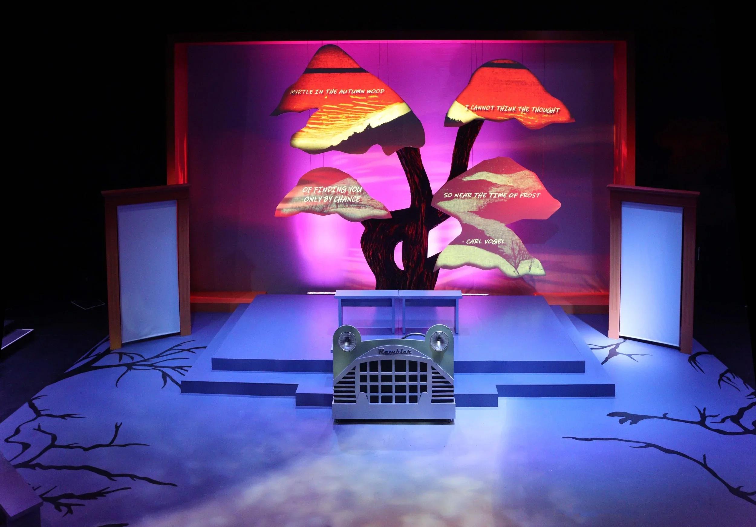 Empty shot of the scenic design for the play “The Long Christmas Ride Home” by Paula Vogel