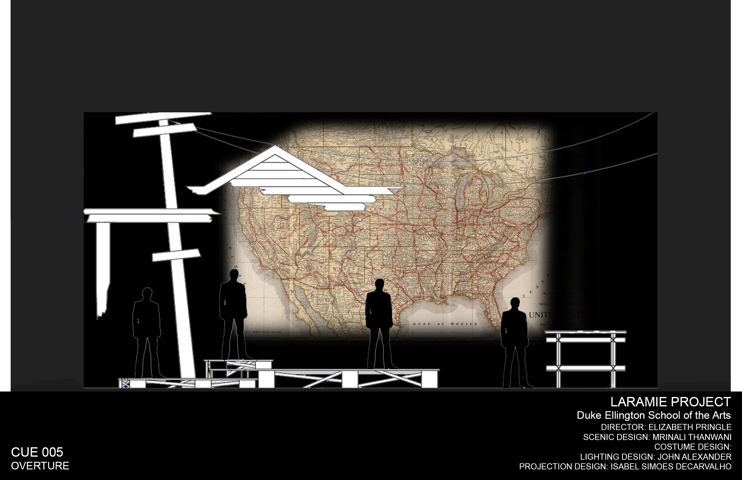Rendering of a map projection design cue for the world premiere musical “The Laramie Project,” done in Photoshop.