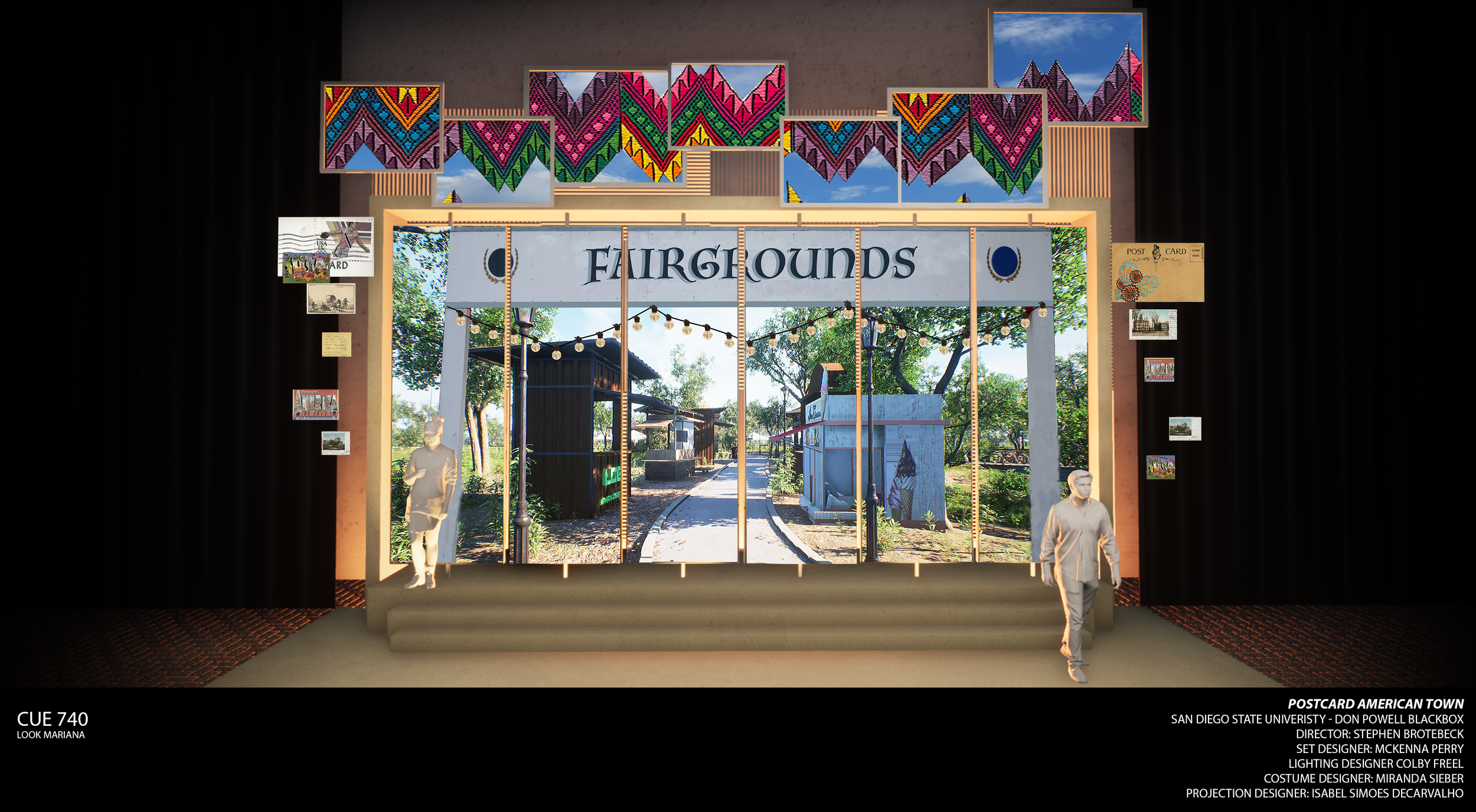 Rendering of a fairgrounds projection design cue for the world premiere musical “Postcard American Town,” done in Photoshop.
