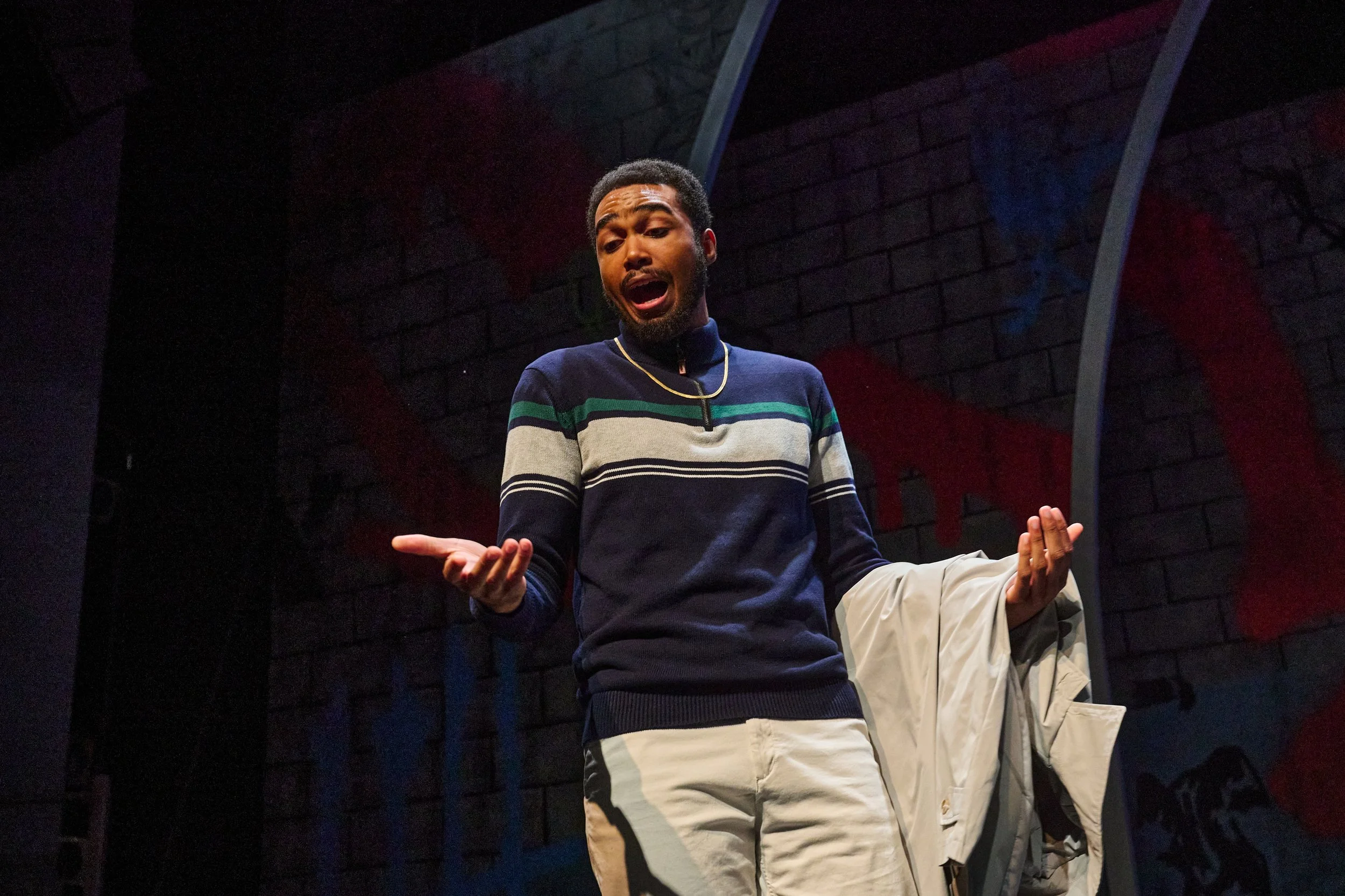 Action shot of Xavier, a character in the theater play Pipeline by Dominique Morisseau