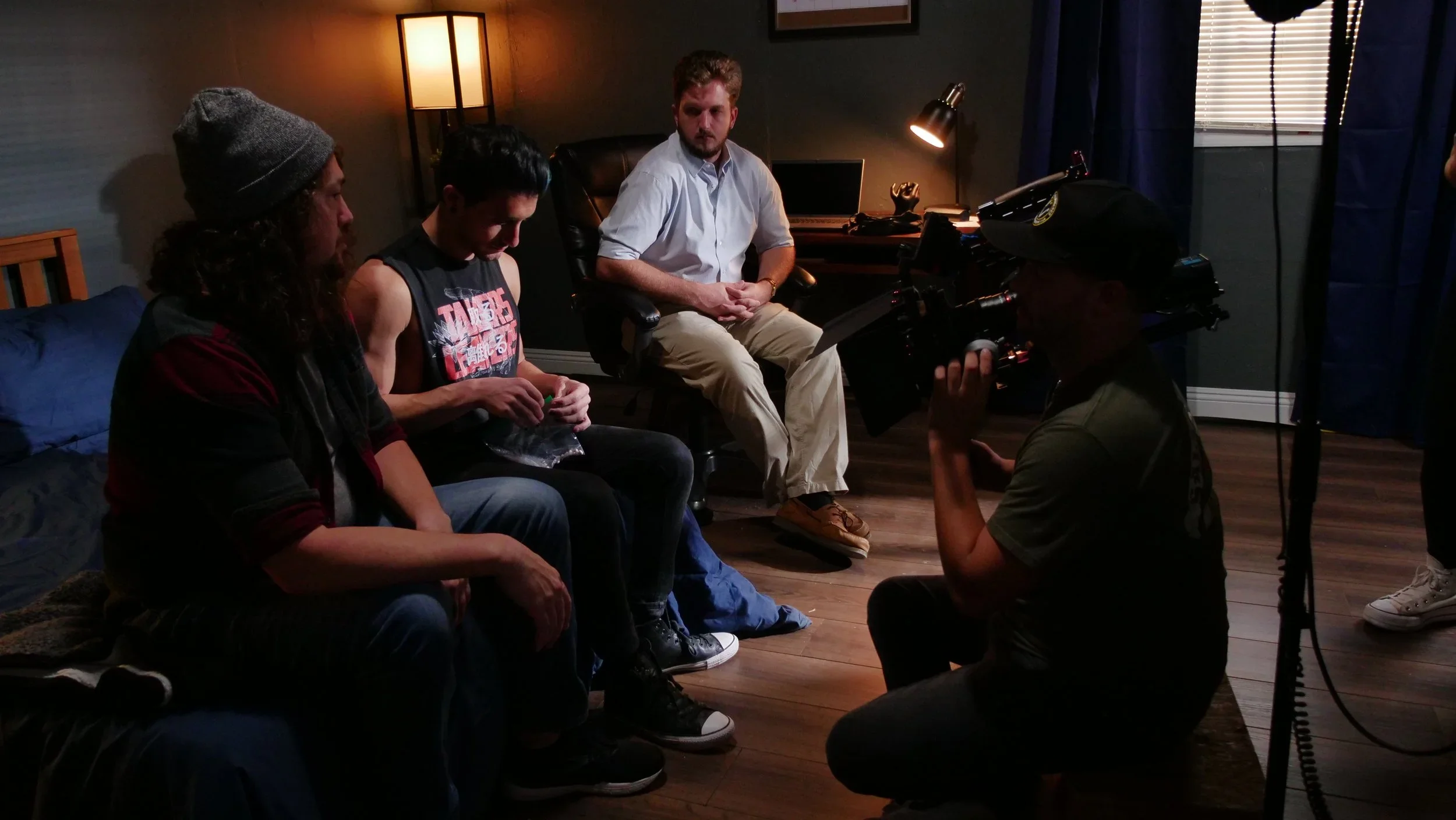 BTS shot of the film crew recording in the built bedroom set of the film “Bad Examples,” a television pilot.
