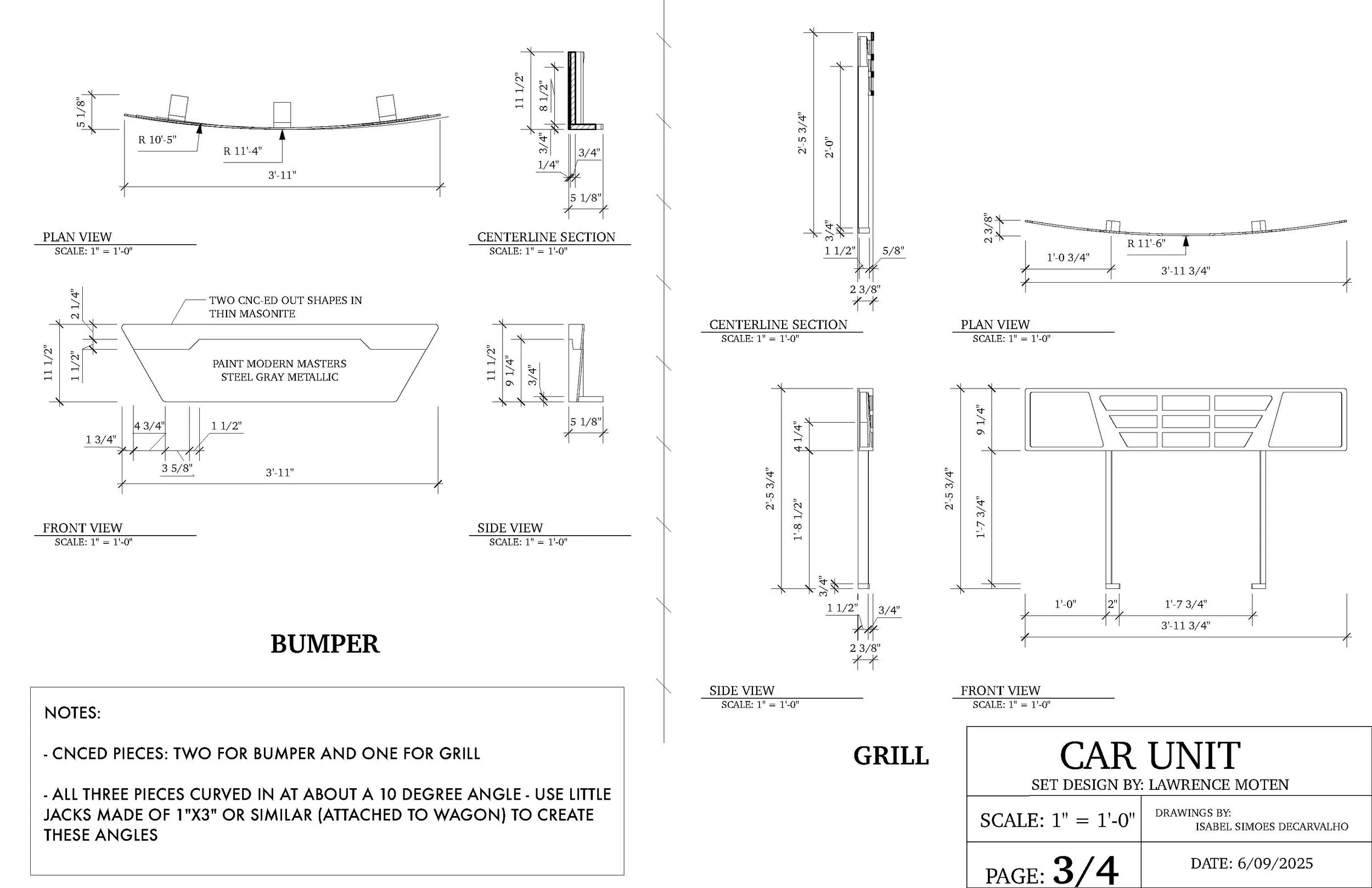 Drafting of the designed and built car for the opera “The Knock,” drafted in Vectorworks