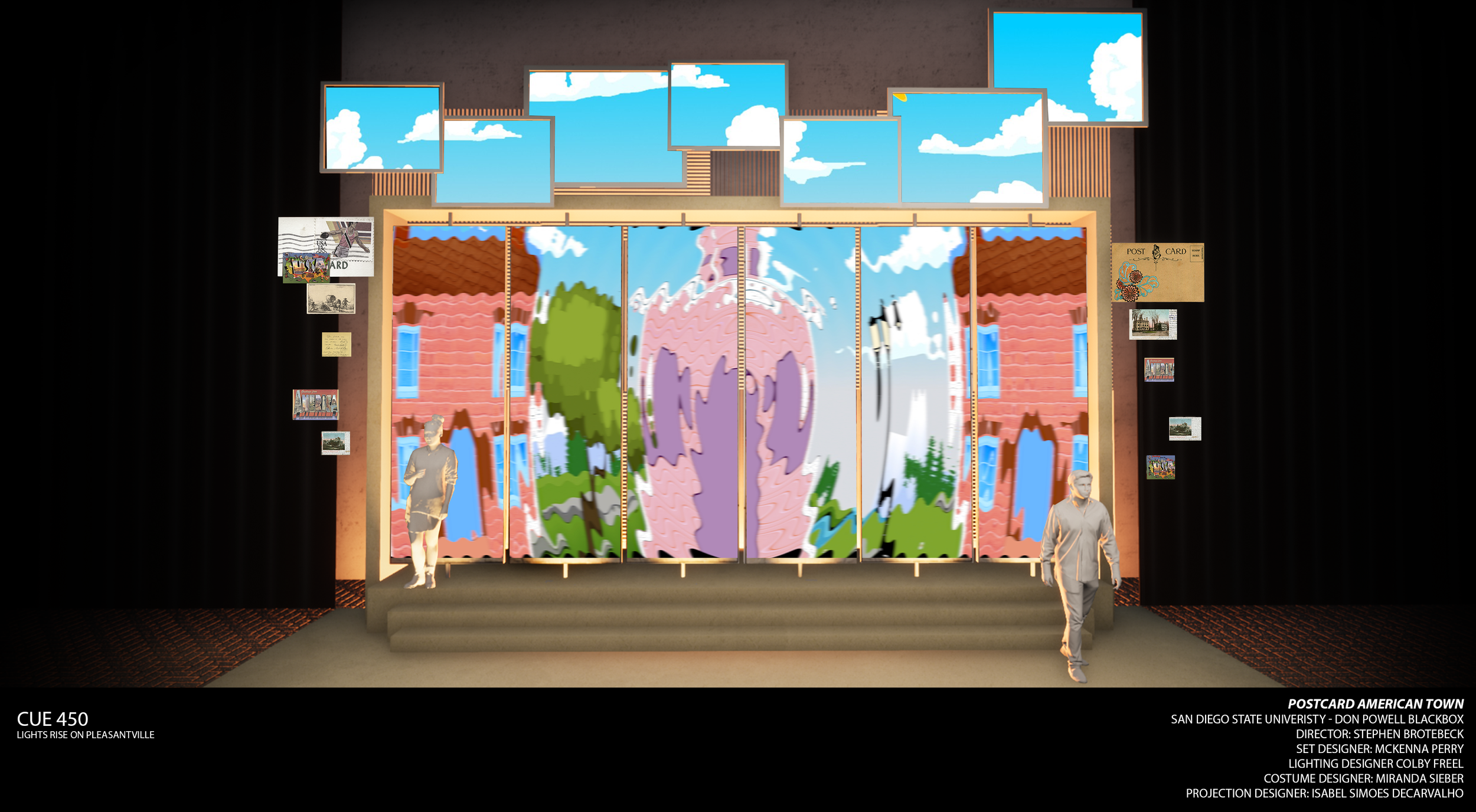Rendering of a dream sequence projection design cue for the world premiere musical “Postcard American Town,” done in Photoshop.