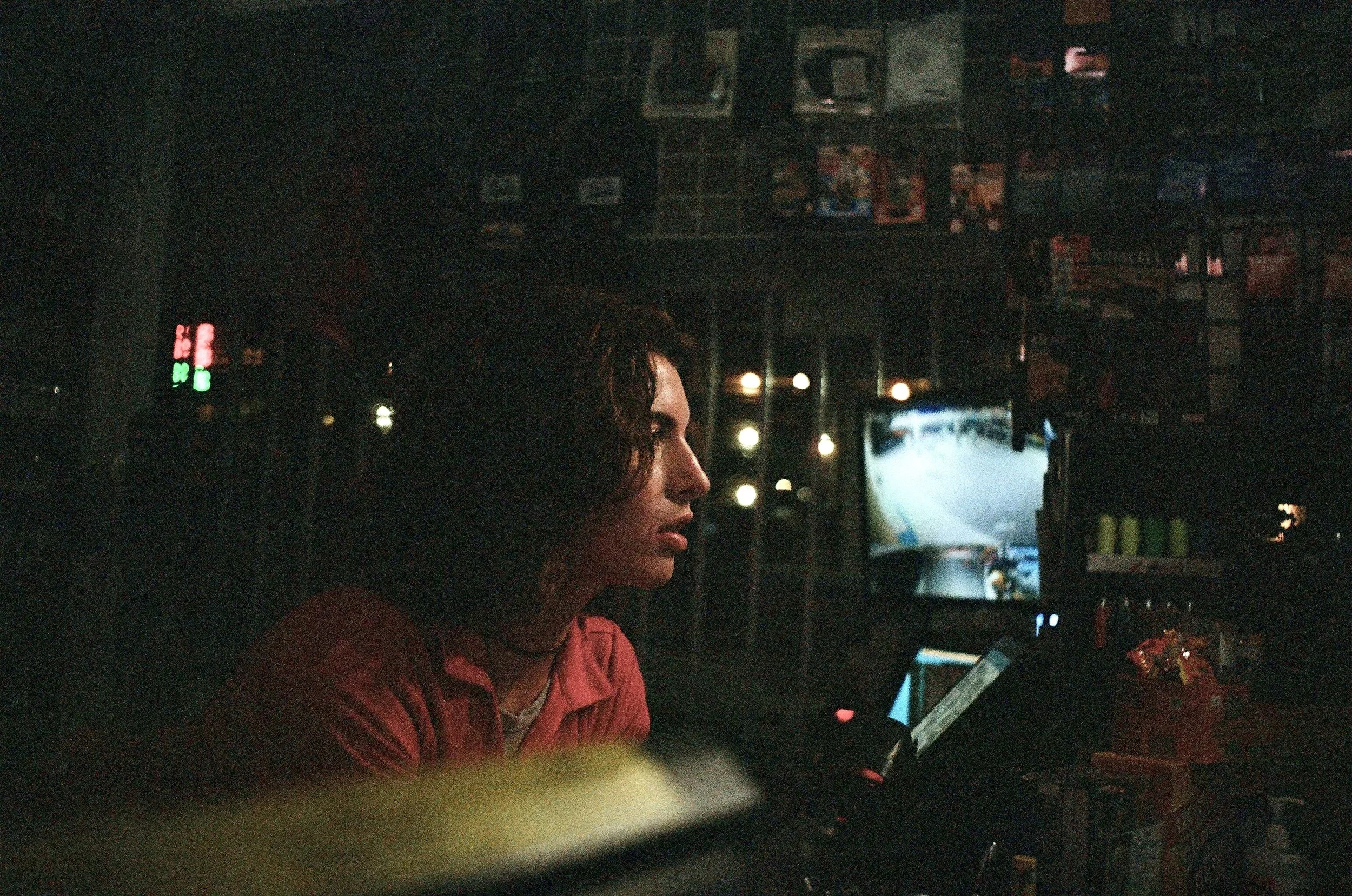 Behind the scenes profile shot in the gas station location shoot for the film “Wolf in Lamb’s Skin.”
