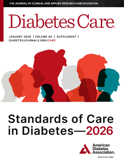 Cover of Diabetes Care journal, January 2026 issue, volume 49, supplement 1, titled 'Standards of Care in Diabetes—2026,' featuring silhouettes of diverse people in various shades of red, orange, teal, and gray.