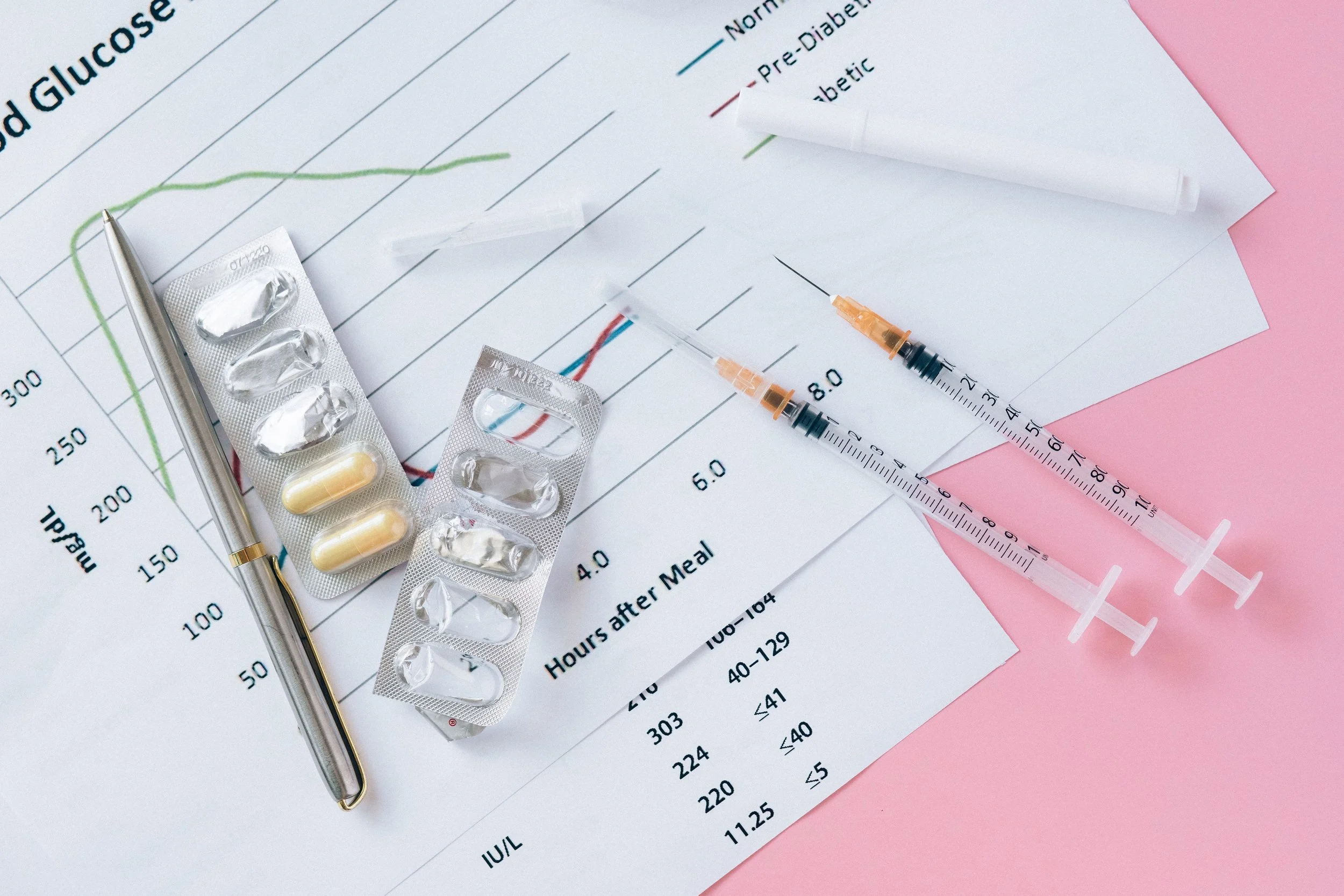 Medical chart with glucose levels, insulin syringes, pills, and medication blister pack, with a pink background.