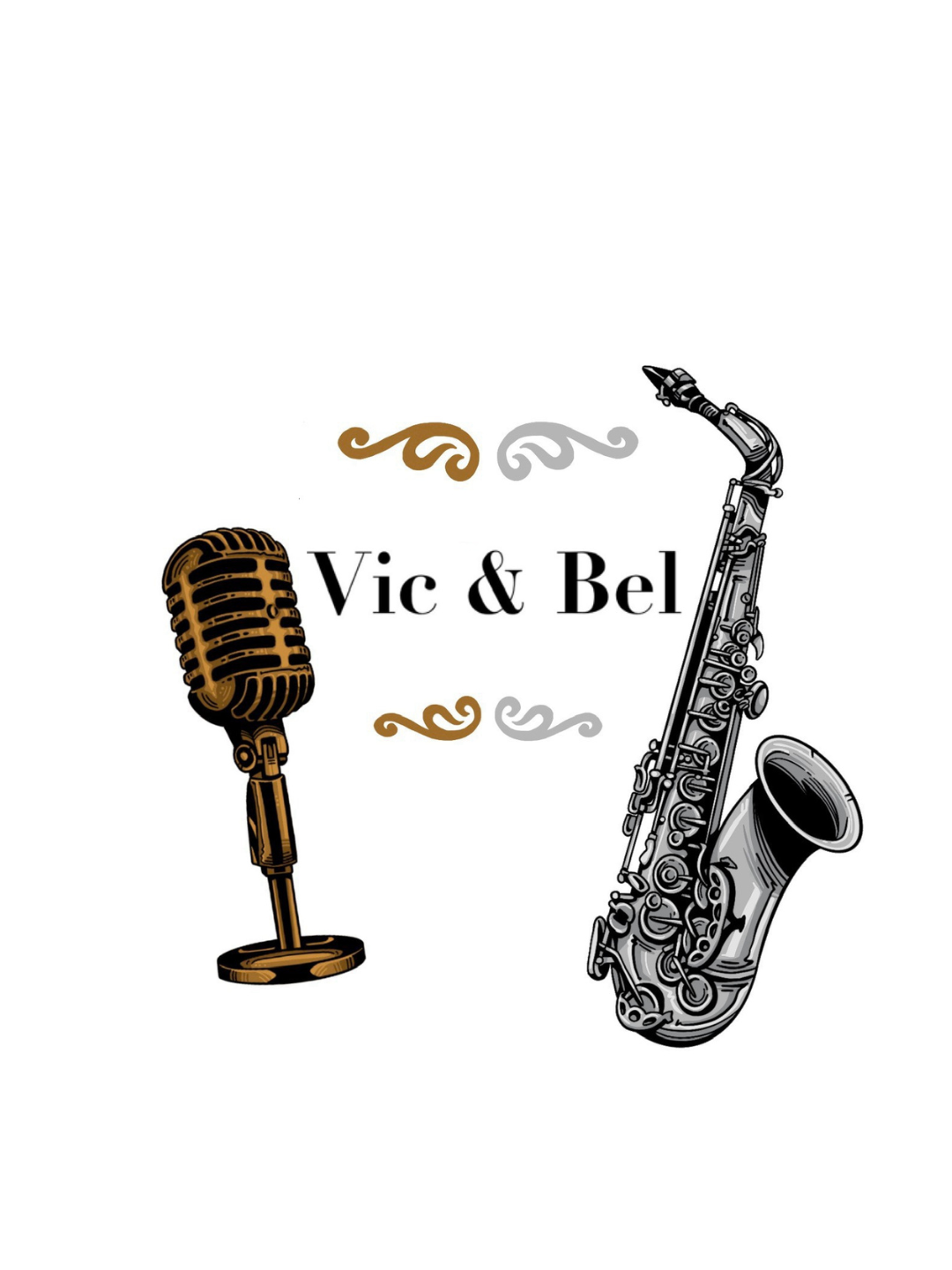 Vintage microphone and saxophone illustration with “Vic & Bel” text