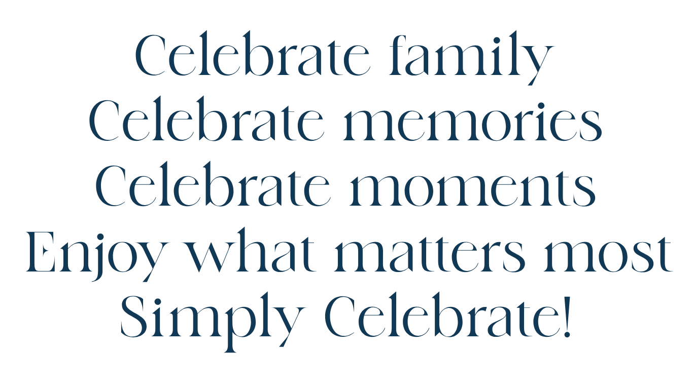 Inspirational quote about celebrating family, memories, and moments with the message, "Celebrate family, celebrate memories, celebrate moments, enjoy what matters most, simply celebrate!"