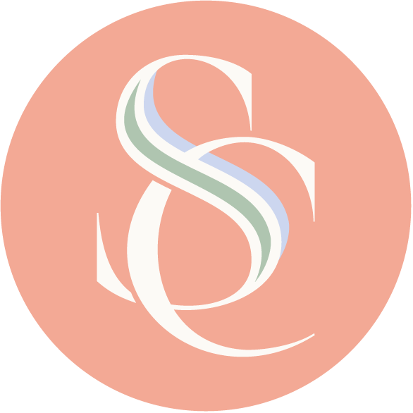 A graphic logo with a stylized letter 'S' on a pink circular background.