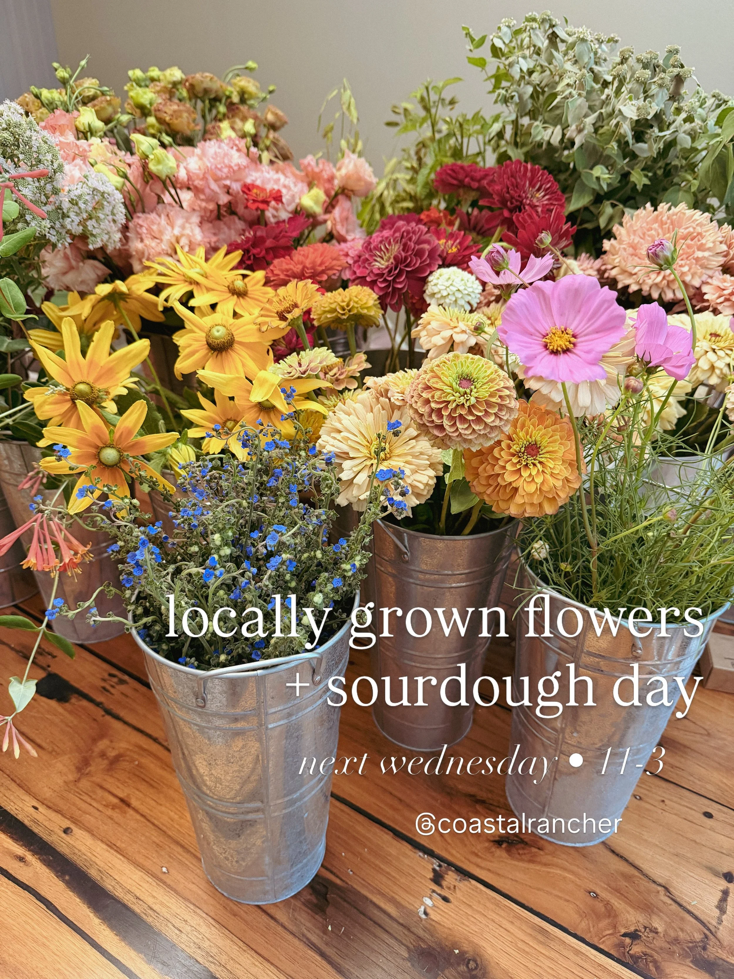 back at @coastalrancher next wednesday. 

i&rsquo;ll have market bouquets made with locally grown summer flowers during sourdough day.

come pick up a loaf, wander the shop, and take home a bouquet of the season.

wednesday &bull; 11&ndash;3

hope to